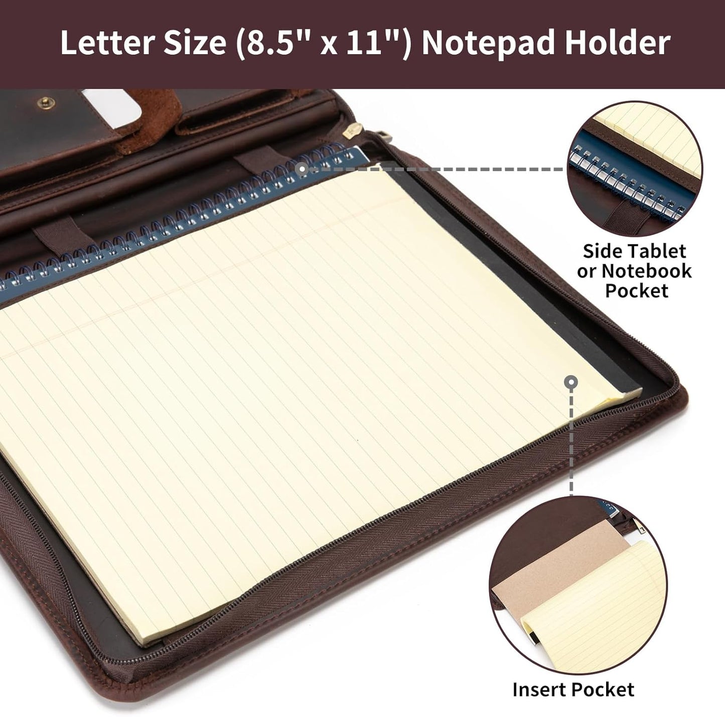Genuine Leather Portfolio with Hidden Handle, Zippered Front Pocket, Business Padfolio for Men and Women, 8.5 x 11 Legal Pad Notebook Holder, Office Letter Notepad Folio, Dark Brown