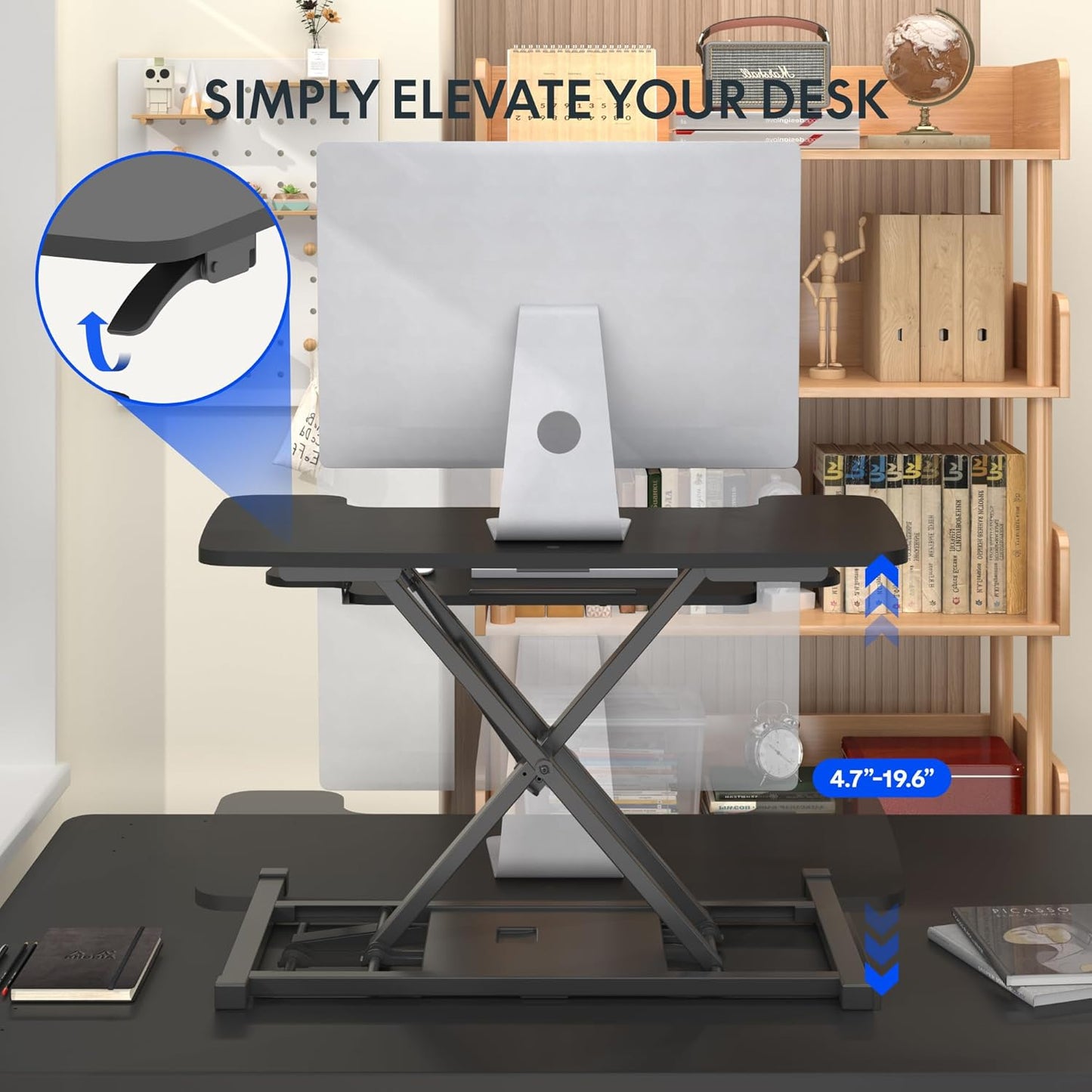 FLEXISPOT 32-inch Height Adjustable Standing Desk Converter, Quick Sit to Stand Tabletop Dual Monitor and Laptop Workstation with Wide Keyboard Tray, Black