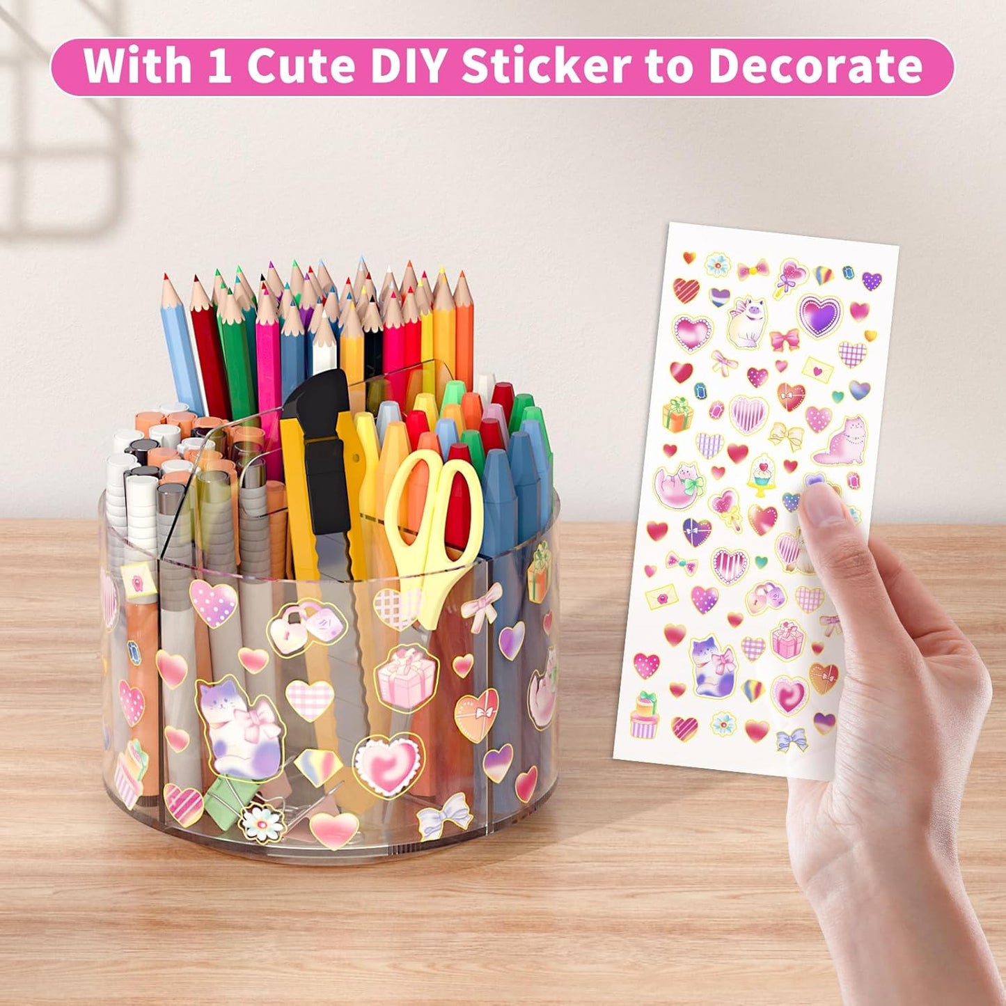 Acrylic Pencil Organizer for Desk 4 Compartments with Adhesive DIY Sticker, Rotating Art Supply Organizer with Kawaii Sticker Kids, Spinning Round Marker Organizer Small Supply Organizers Caddy