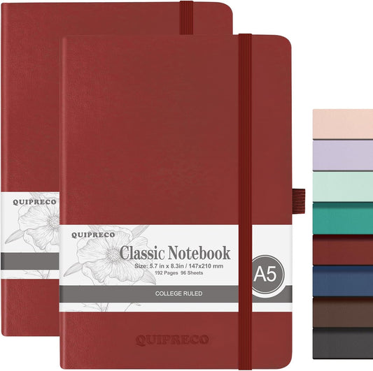 2Pack Lined Hardcover Journal Notebook, A5 192 Pages 100Gsm Thick Paper College Ruled for School,Note Taking,Work,Diary，5.7"*8.3",Burgundy