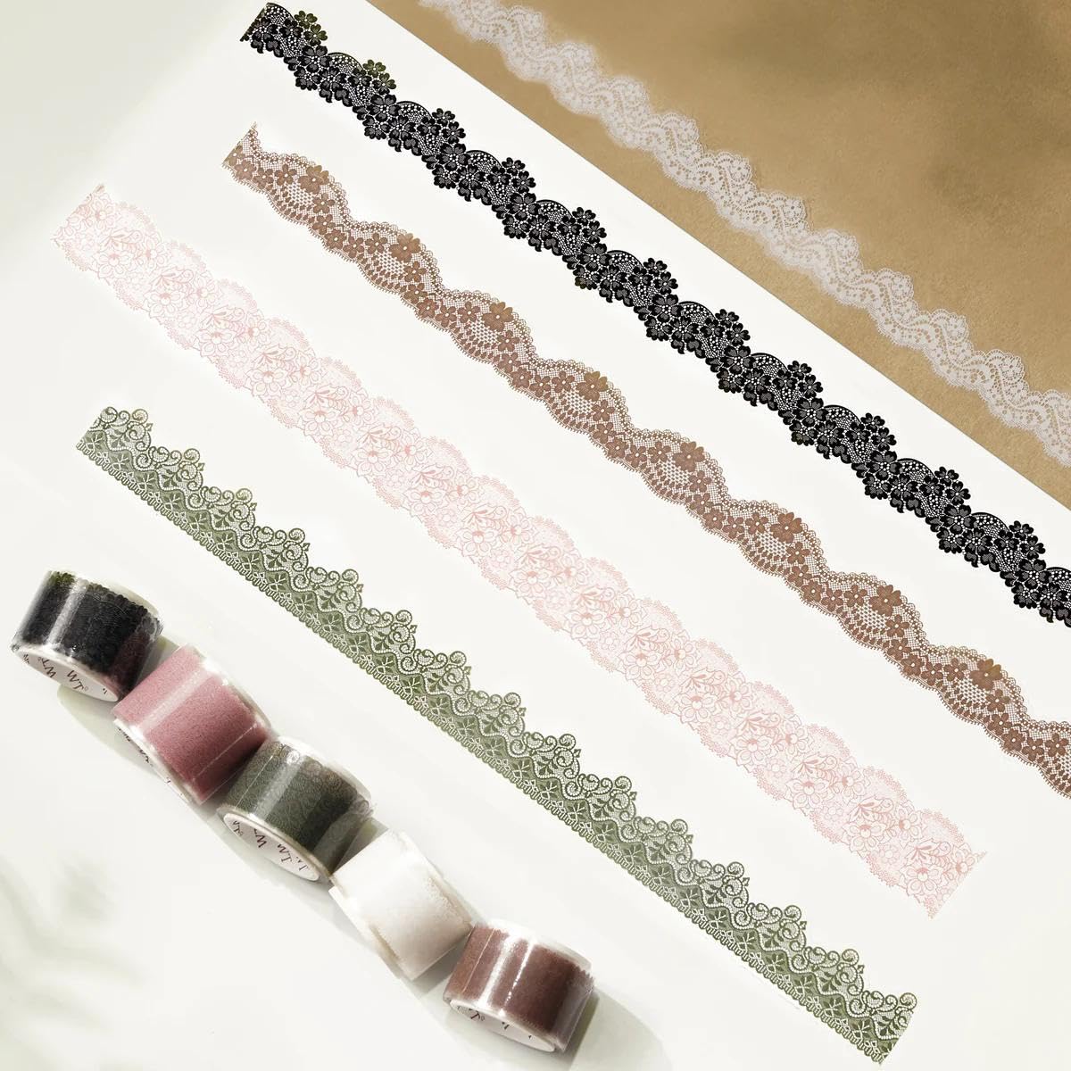WT Baroque Lace PET Tape Sticker Set, Tape for Scrapbooking, Planners, Junk Journal or Bible Study, Colorful Artist Decorative Craft Tape, Cute Artist Tape (5 Rolls, Each 16.4FT)