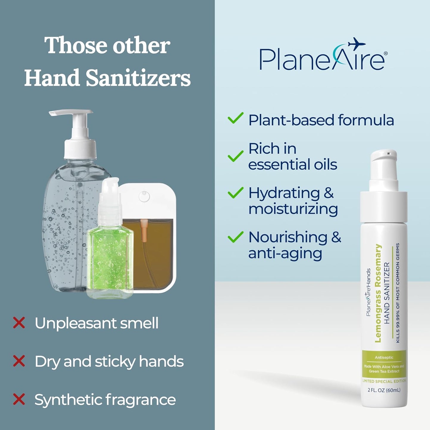 Lemongrass Rosemary Lotion Hand Sanitizer | Travel Size | Cleanse & Moisturize | Made with Aloe Vera & Essential Oils | Rich in Vitamin E | Lemongrass Essential Oil | Green Tea Extract | 6-Pack