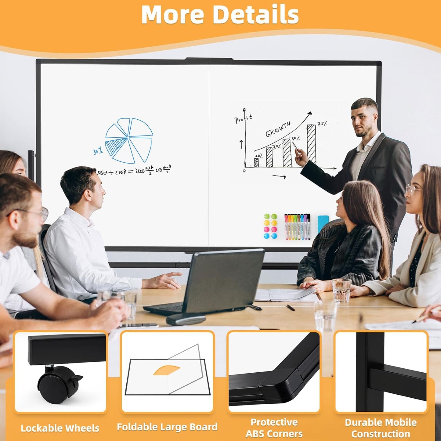 WALGLASS Rolling Whiteboard on Wheels, 72"x40" Double-Sided Dry Erase White Board with Stand, Large Magnetic Whiteboard, Giant Portable Standing Board for Office, School, Home, Classroom 6 x 3.33 ft