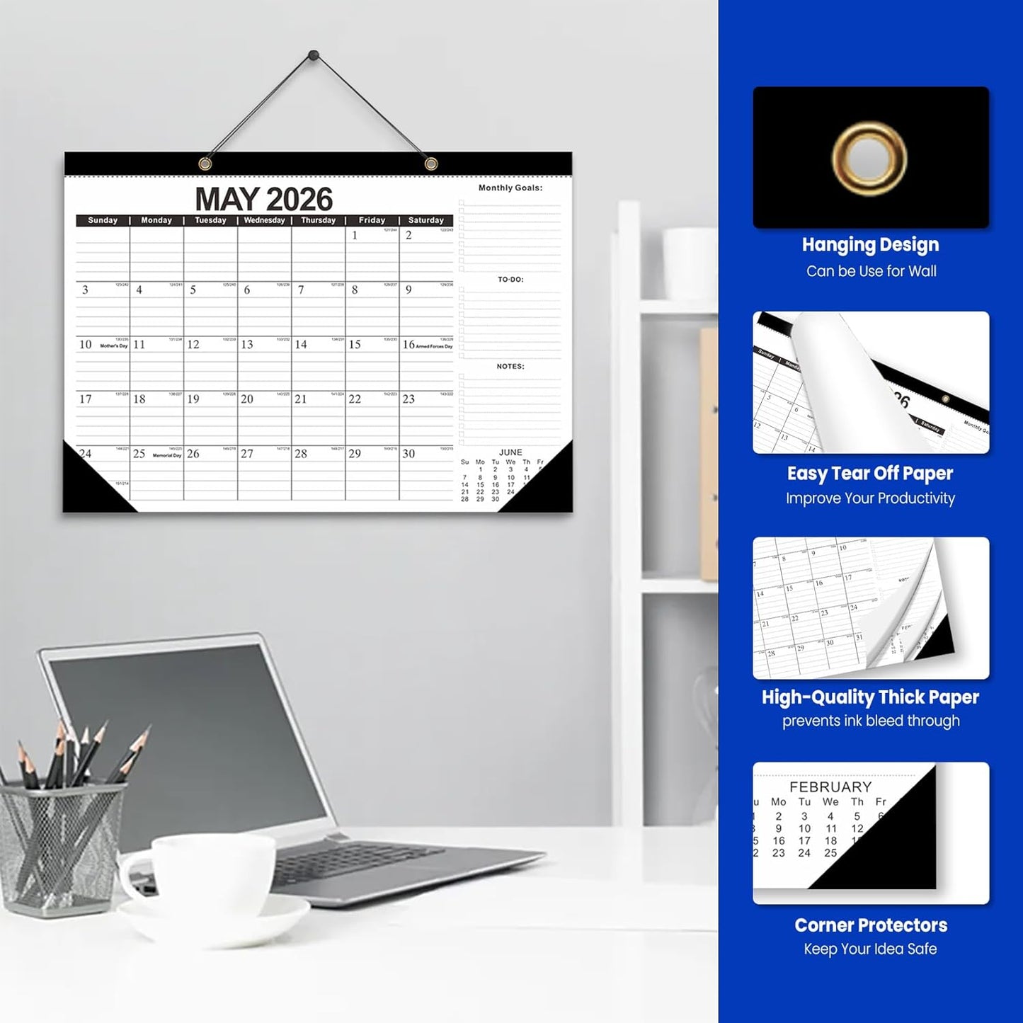 Comix 2026 Desk Calendar 12x17 Inch - 12 Month Desk Calendar, January 2026 to December 2026, Thick Paper, Ideal for School, Office & Home, Black and White
