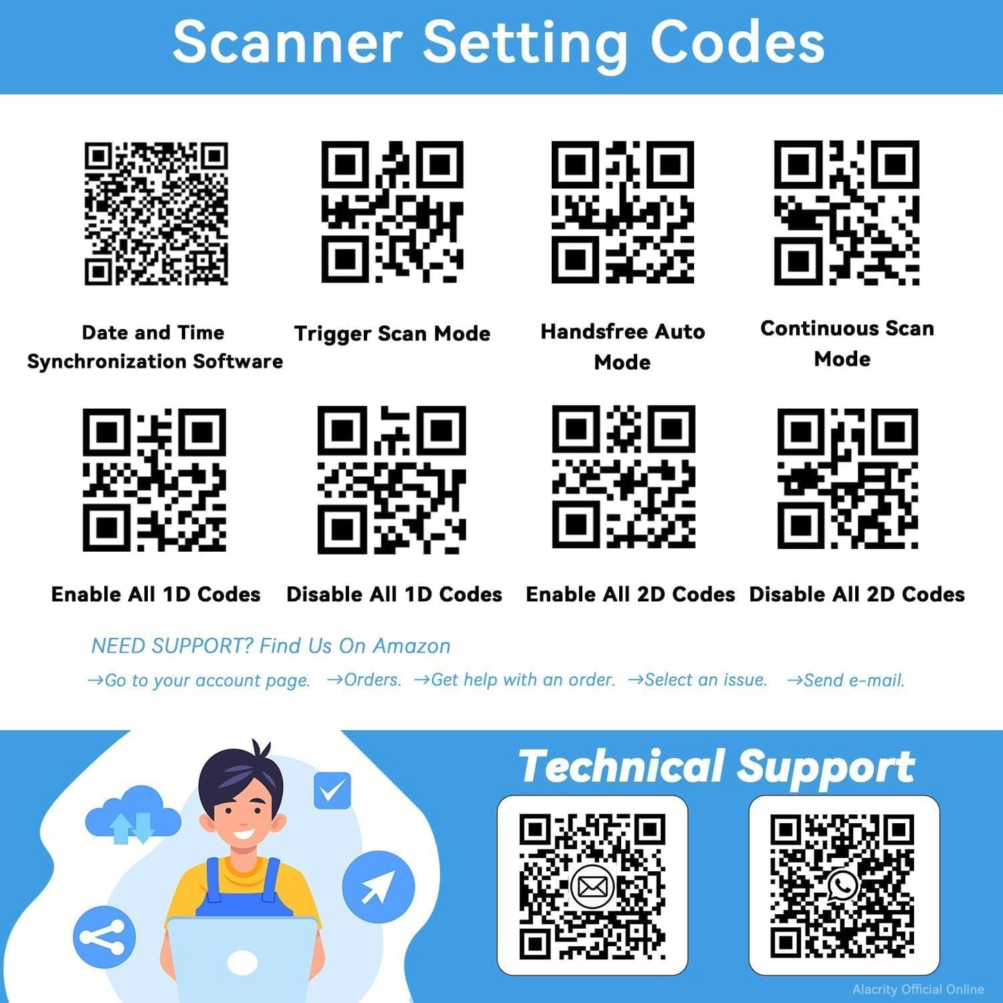 Alacrity 2D 1D Wireless Barcode Scanner with Stand, 3-in-1 Connectivity Bluetooth 2.4G Wireless USB Wired, Barcode Reader with Hands-Free Mode and Vibration Alert, Blue