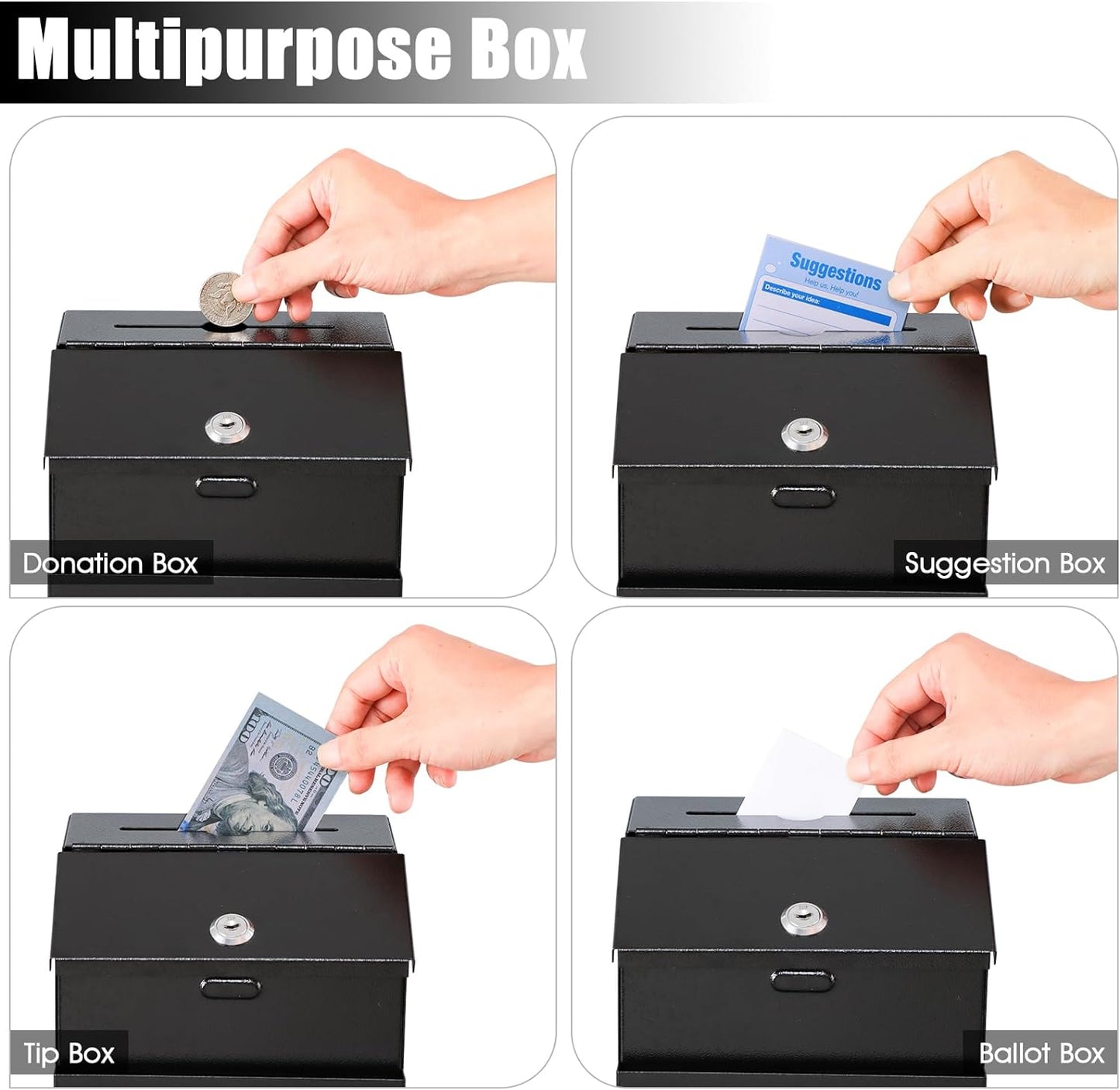 KYODOLED Suggestion Box with Lock and 50 Free Suggestion Cards, Metal Wall Mounted Ballot, Donation and Collection Key Drop Box with Slot & 2 Keys, 8H x 5.7W x 7L Inch, Black