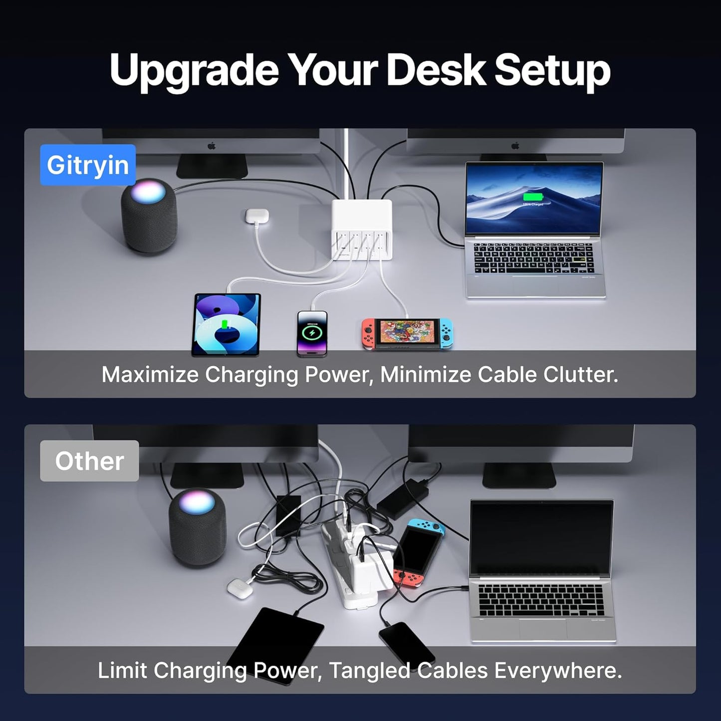 12-in-1 Desktop Charging Station with 3 Retractable Type-C Chargers and 1 Lightning Charger, 40W USB-C Power Strip with 31.5in Cable, Extension Cord with 1020J Surge Protection for Home Office