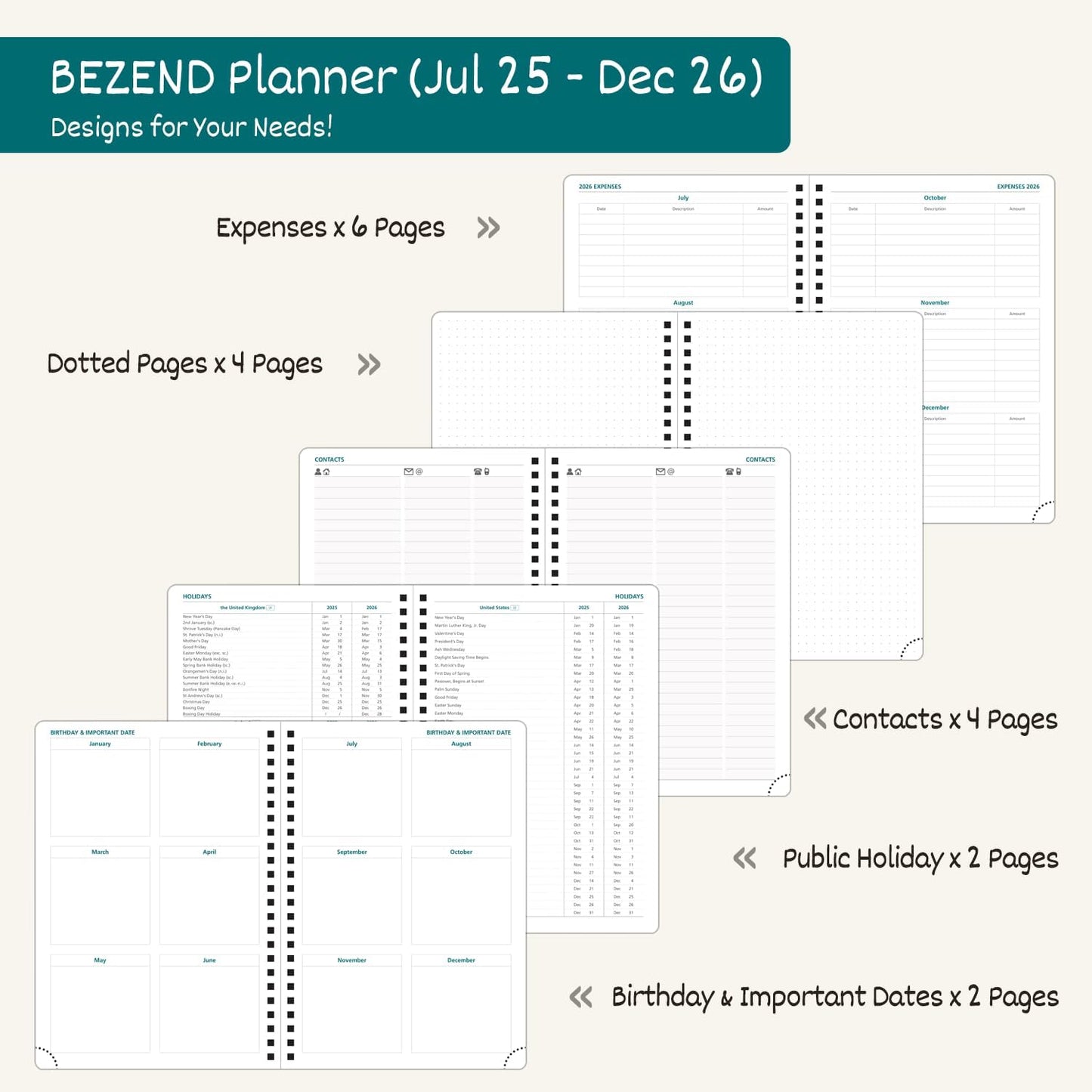 BEZEND Weekly Planner 2025-2026 with 2 Columns, 8.5" x 11" Academic Calendar 18 Months (Jul 25-Dec 26) Life Work Appointment Book with Monthly Tab, PU Leather Softcover Spiral - Evergreen