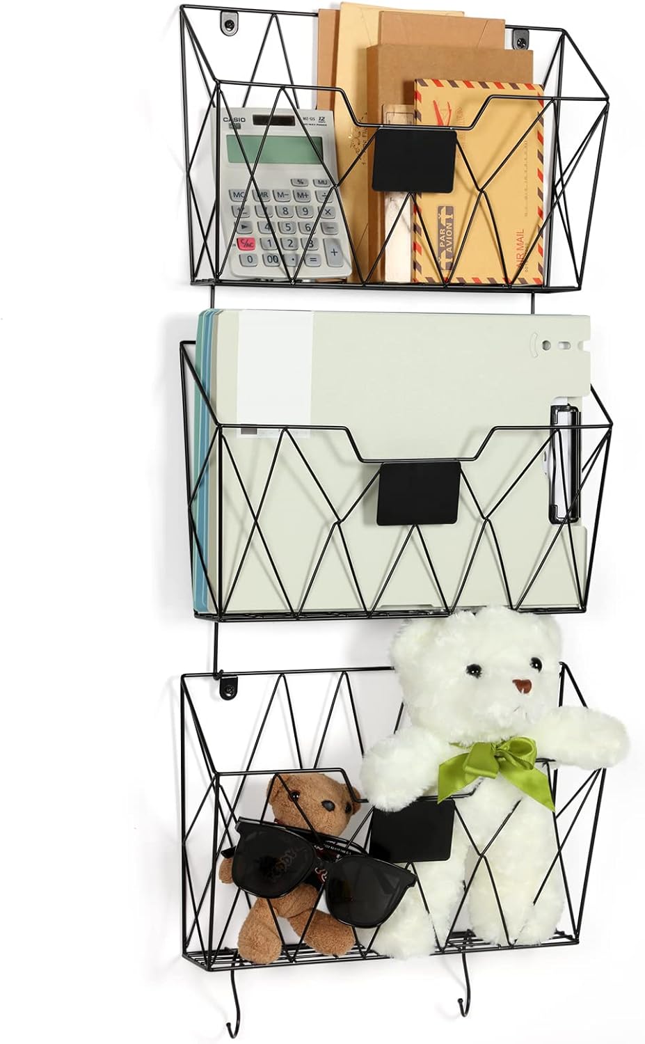 Hanging Wall File Holder Wall Mount Metal Wall File Organizer 3 Pockets Mail Organizer with Hooks for Office Home,Black