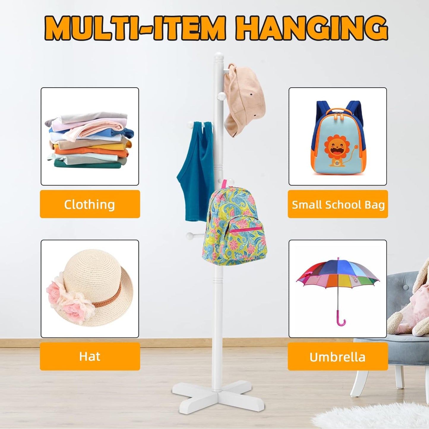 Kids Coat Rack, Freestanding Coat Racks with 8 Hooks 2 Adjustable Height, Tree Coat Rack for Bedroom, Hallway, Entrance, Office, Hats, Handbags,Purse (White)