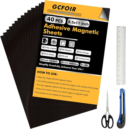 Adhesive Magnetic Sheets 8.5 x 11 Inch, 40 Packs Magnetic Sheets with Adhesive Backing - 0.5mm Thickness Flexible Magnet Sheets for Dies Storage, Craft Projects, Photos, School, Office