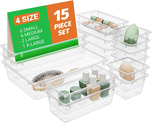 15 PCS Clear Plastic Drawer Organizer Set, 4-Size Acrylic Drawer Storage Trays, Storage Bins for Makeup, Gadgets, and Jewelry in Bathroom, Bedroom and Office, Clear