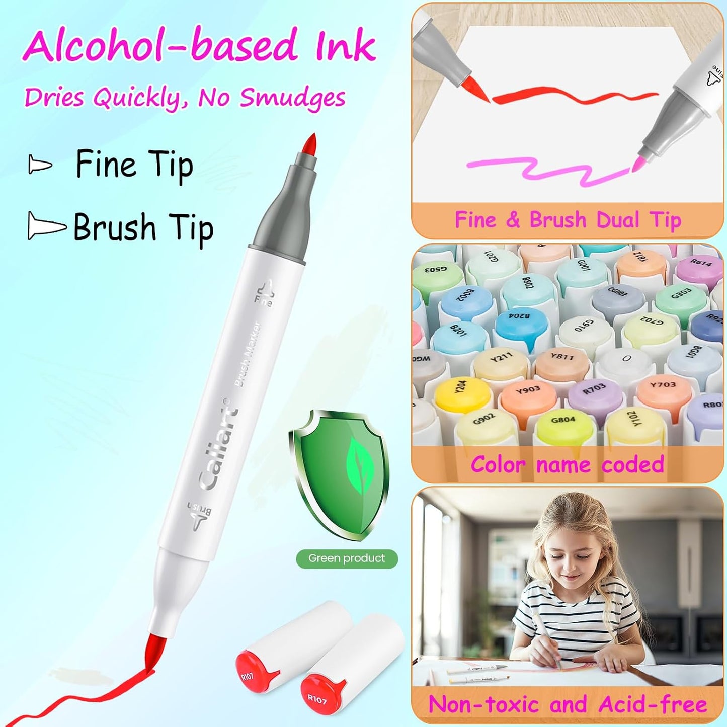 Caliart 51 Colors Brush & Fine Alcohol Markers for Adult Coloring Book, Dual Tip Artist Sketch Art Markers, Aesthetic Cute Preppy Stuff School Supplies, Pens for Lettering Drawing Cards Planner
