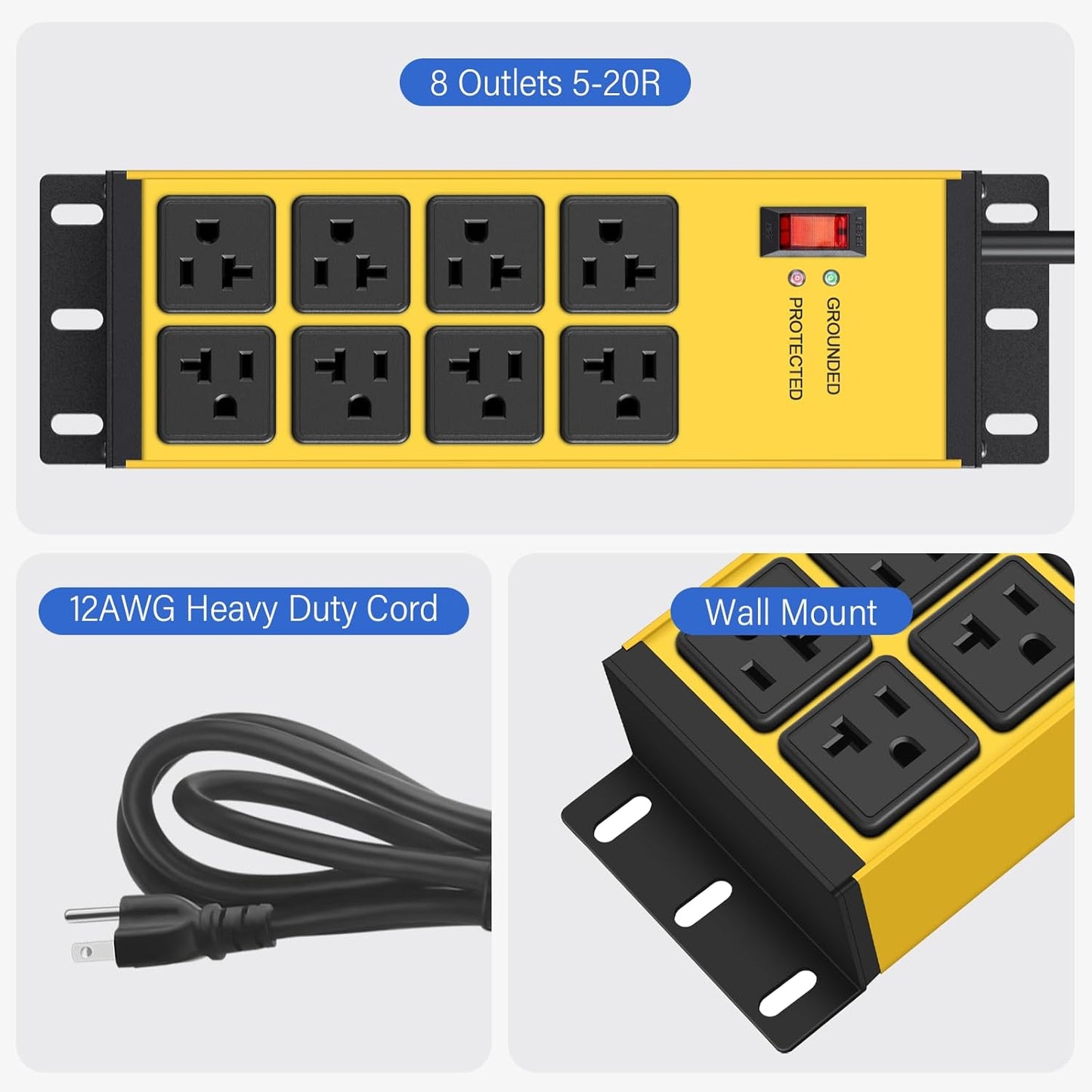 CCCEI Magnetic Heavy Duty Power Strip Surge Protector 20Amp, 12 Gauge High Amp Extension Outlets, Garage Wall Mount 8 Plug Metal Power Strip. 6FT, Yellow, 5-15P Adapter 6-20R T-Slot 20a for Appliance