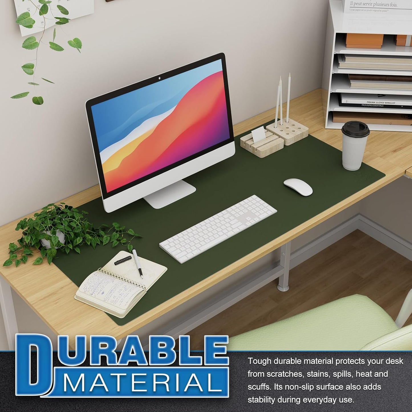 K KNODEL Large Office Leather Desk Mat, Mouse and Keyboard Pad, Computer and Laptop Mat, Desktop Protector and Cover, Writing Pad and Blotter (35.4"x17", Dark Green)