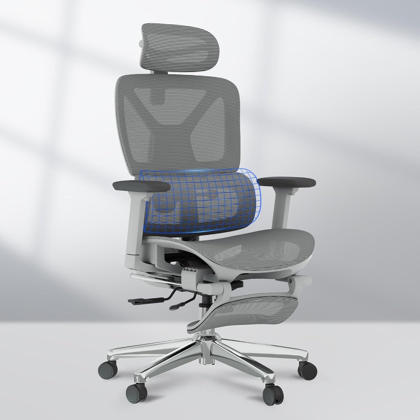 FLEXISPOT ErgoX Premium Ergonomic Office Chair with Footrest- Adjustable 3D Armrests, Dynamic Lumbar Support, Recline & Tilt Function, Mesh Seat, for Home & Office Use,Light Grey