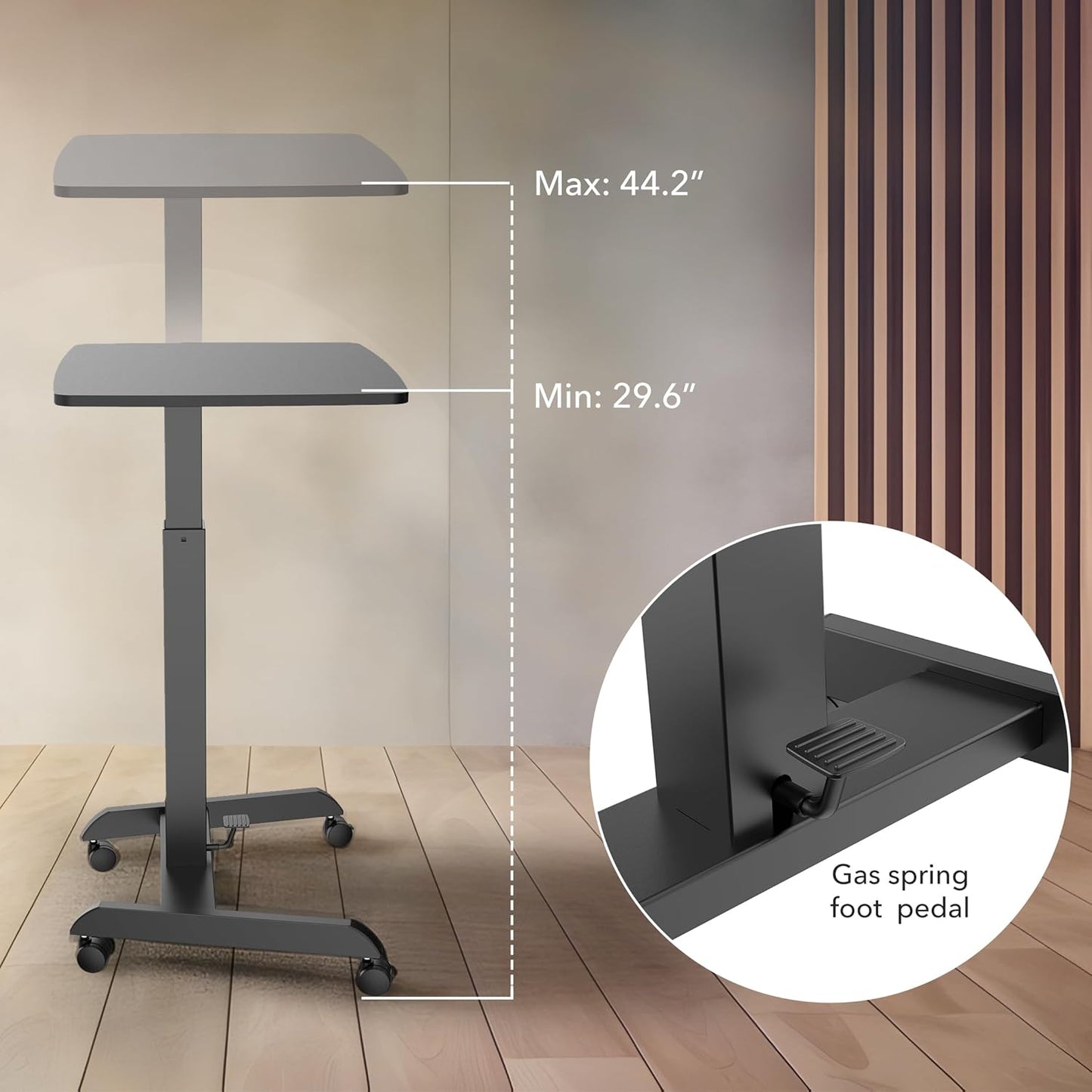 Mount-It! Rolling Laptop Desk Adjustable Height (29.6”-44.2”), Mobile Workstation Cart with 23.6” x 20.5” Desktop, Small Sit-Stand Desk for Home, Office, or Classroom in Black