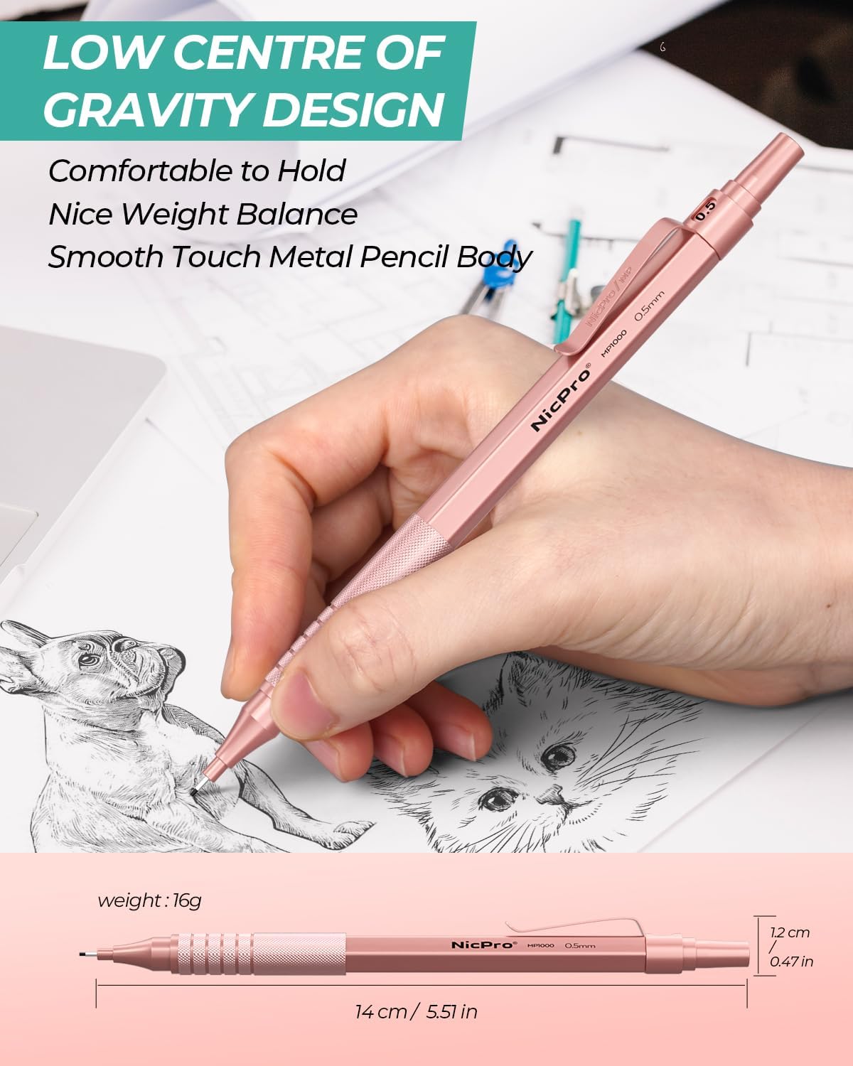 Nicpro 0.5 mm Metal Mechanical Pencil Set, 3PCS MP1000 Artist Lead Pencils With 480PCS HB 2B Lead Refills, Erasers, Aesthetic School Supplies for Girls & Women Teacher Writing Drawing Sketching