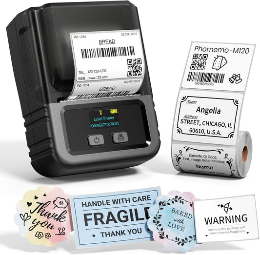 Phomemo M120 Label Maker, 2 Inch Barcode Printer, Portable Thermal Label Maker for Small Bussiness, Barcode, QR Code, Name, Address, Logo, Clothing, Office, Home, Sticker Printer for Phone/PC/Tablet