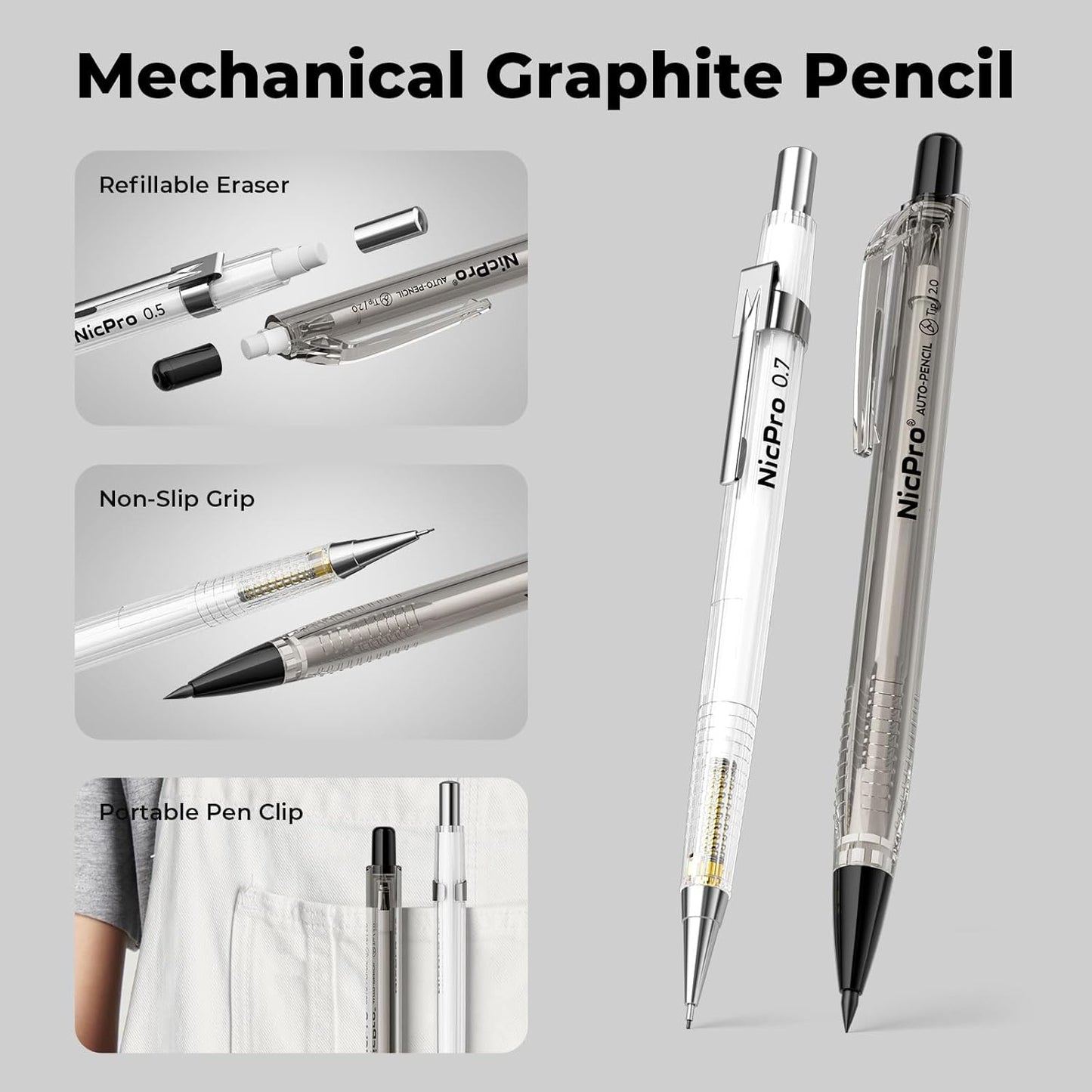 Nicpro 6 PCS Art Mechanical Pencils Set with Case, Drafting Pencil 0.5 & 0.7 & 0.9 mm and 3PCS 2mm Lead Holder (4B 2B HB 2H Colors) For Art Writing, Sketching Drawing,With Lead Refills Erasers