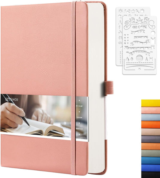 EMSHOI Dotted Notebook - 256 Pages A5 Bullet Dotted Journal, Hardcover Dot Grid Notebook, Leather Notebooks for Work, 120gsm Thick Paper,16 Perforated Pages, Inner Pocket,5.75'' × 8.38''-Pink