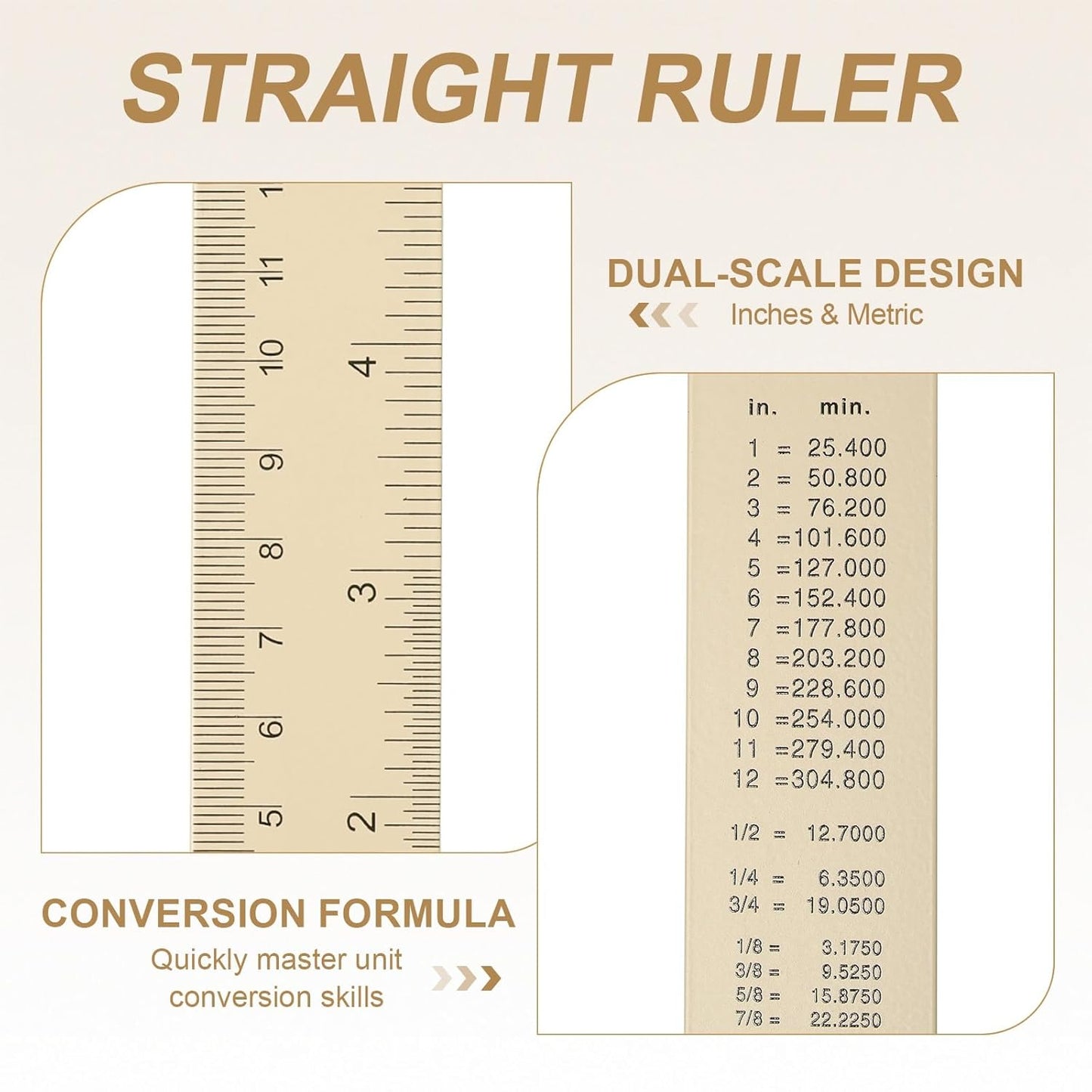HARFINGTON 4pcs Metal Straight Ruler 20cm Metric SAE Aluminum Alloy Measuring Rulers Scale Tool with Hole for Measure Study Reading Classroom Office, Beige