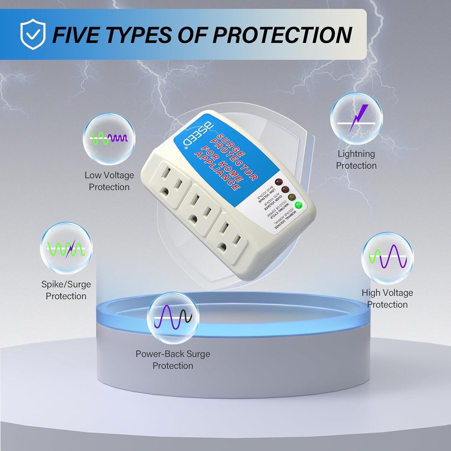 BSEED Home Appliance Surge Protector, Surge Protector for Refrigerator Wall Mount Three Plugs with Protection Low/High Voltage Protector Brownout Outlet Plug in 125V, 1875W, 2 Pack
