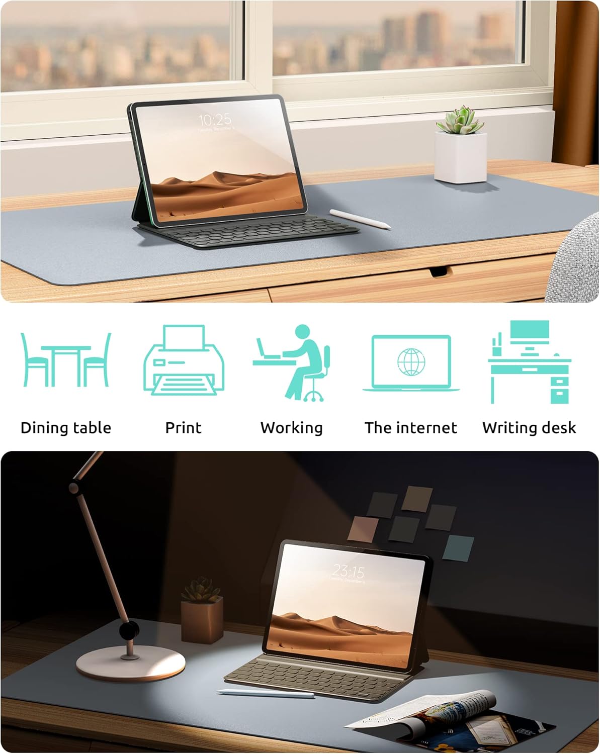 YSAGi Leather Desk Pad Protector, Office Desk Mat, Large Mouse Pad, Non-Slip PU Leather Desk Blotter, Laptop Desk Pad, Waterproof Desk Writing Pad for Office and Home (Light Grey, 23.6" x 13.8")