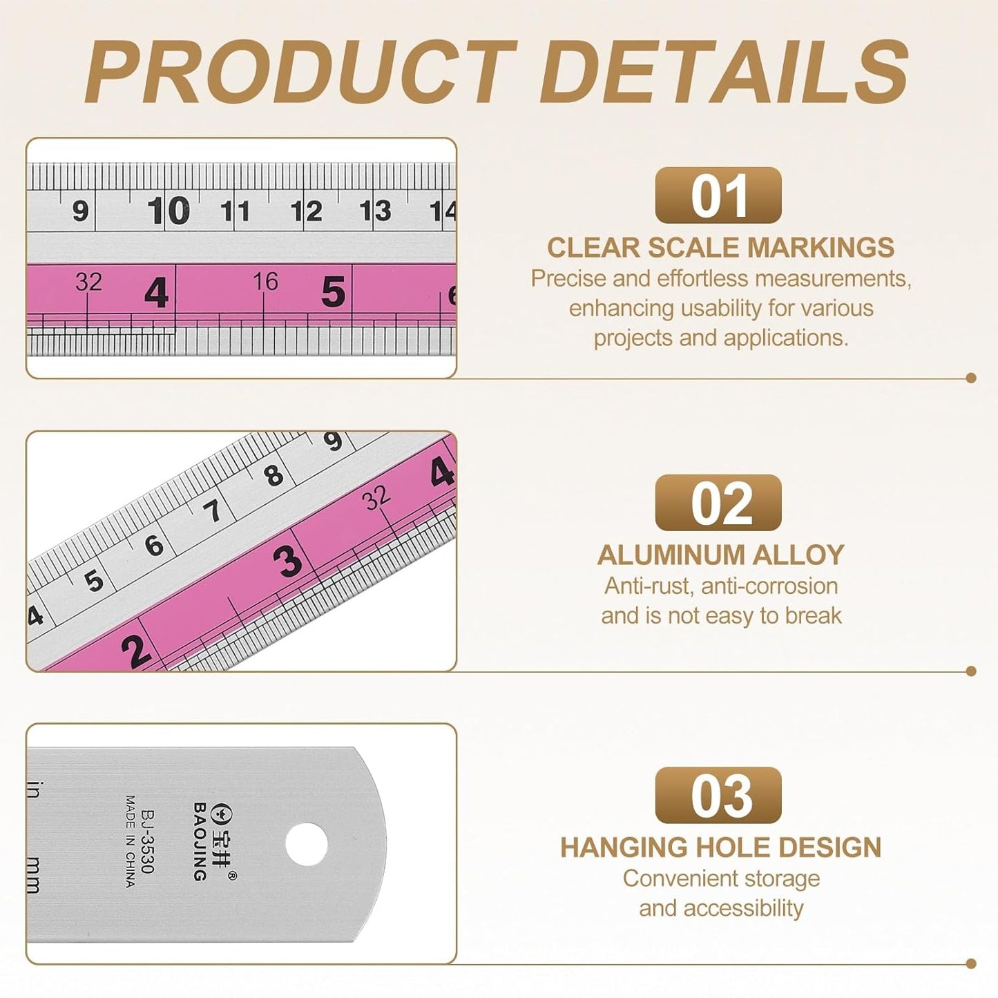 HARFINGTON 4pcs Metal Straight Ruler 30cm Metric SAE Aluminum Alloy Measuring Rulers Scale Tools with Hole for Measure Study Reading Classroom Office, Pink