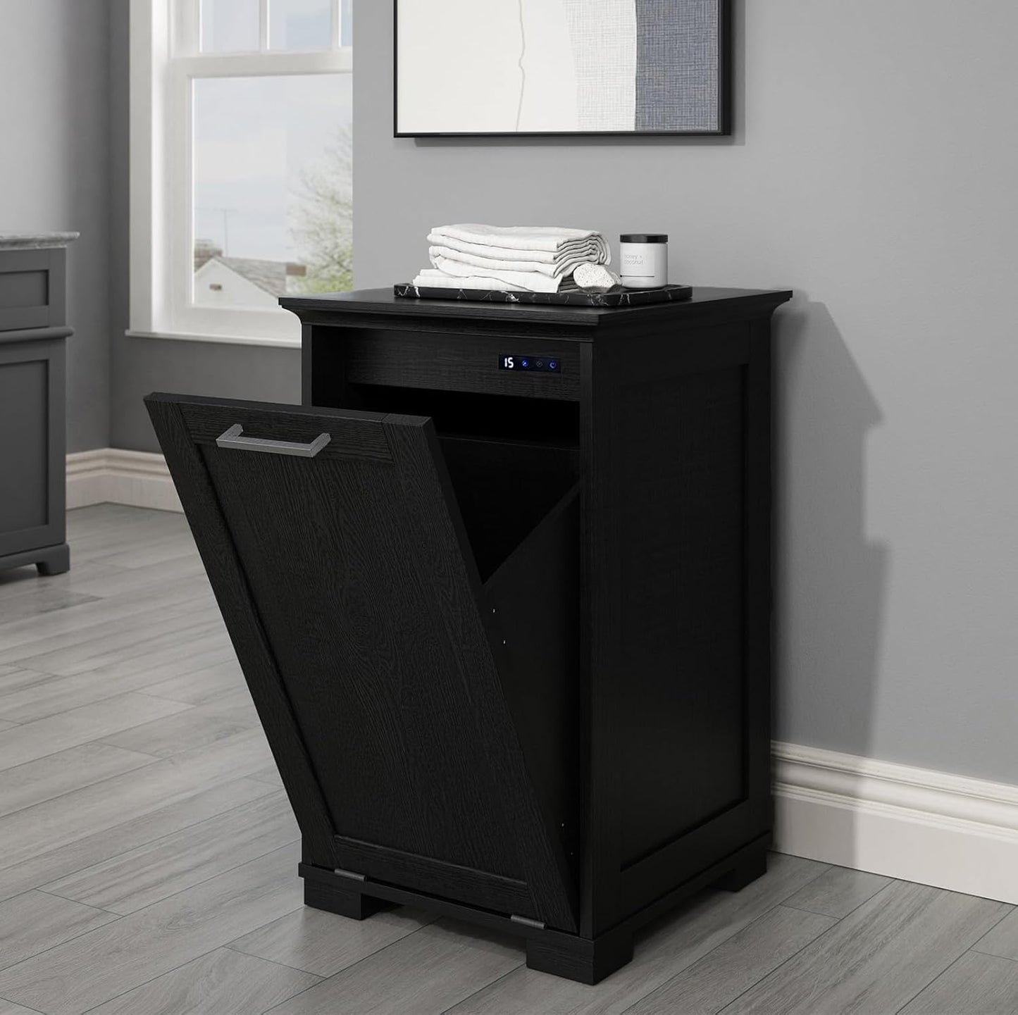 OLD CAPTAIN Wooden Tilt Out Trash Cabinet, Wooden Kitchen Garbage Can Free Standing Holder, Black Finish…