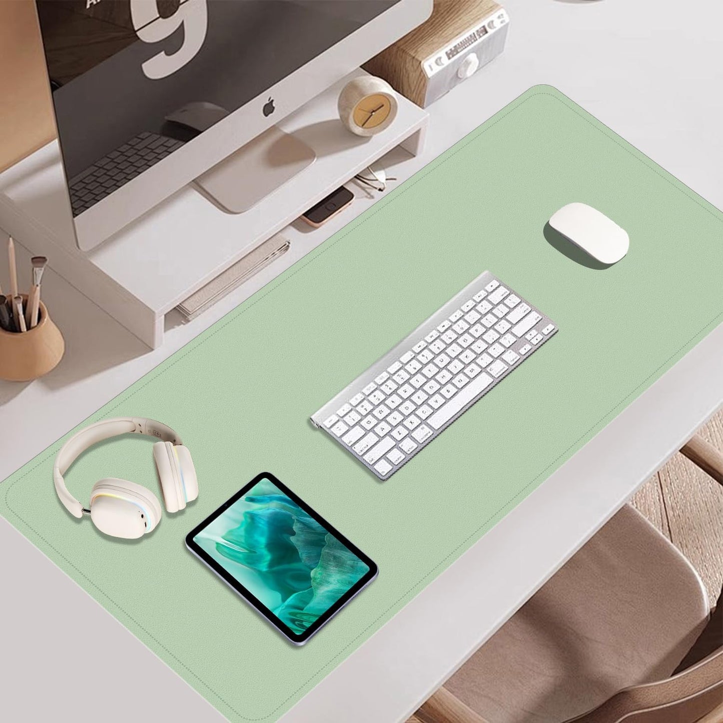 Dual-Sided Desk Pad, Natural Cork & PU Leather Mouse Pad for Desk, Desk Pad Protector, Non-Slip Desk Mat for Office and Home Work, (Light Green, 23.6" x 13.7")