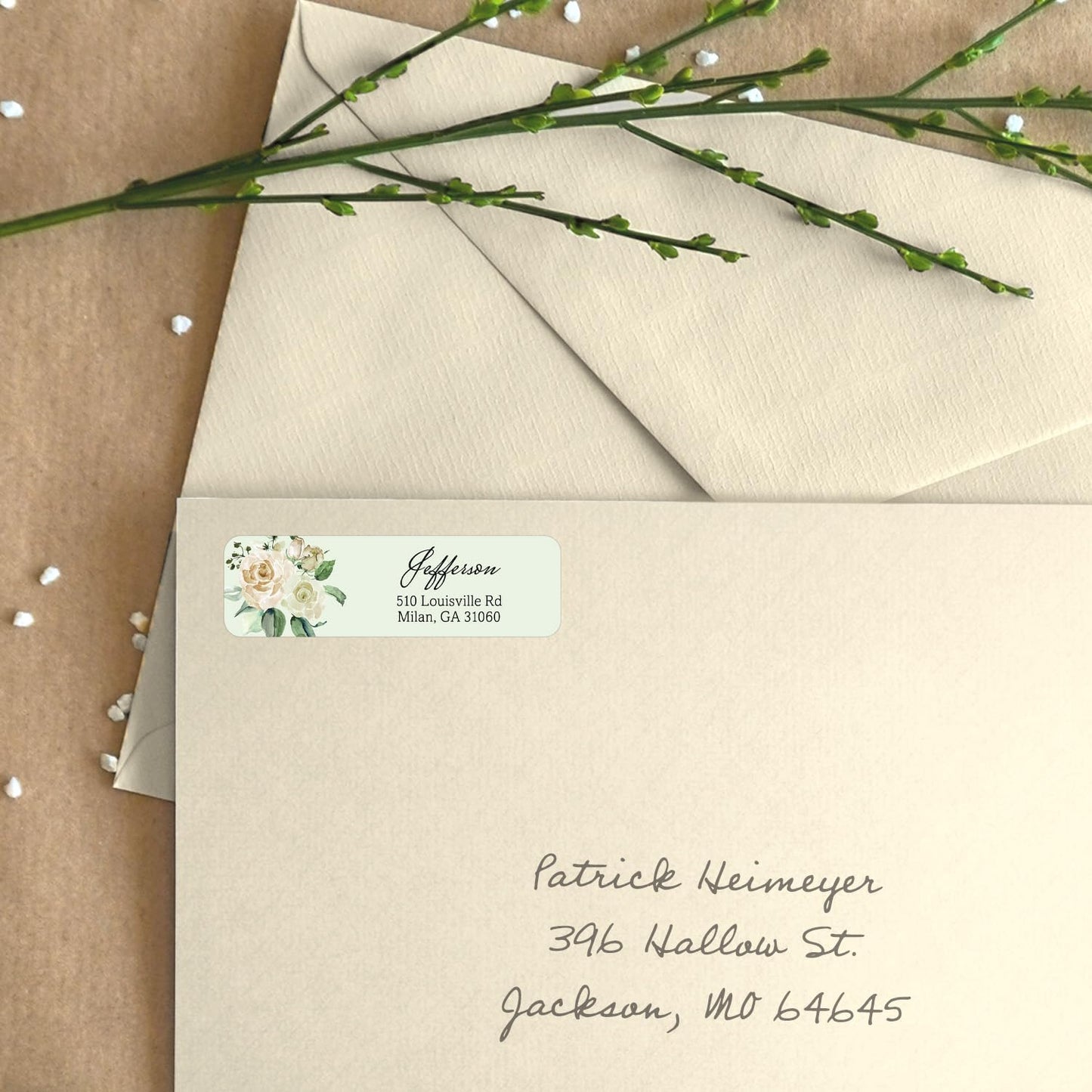 Green Watercolor Floral Rolled Address Labels / 500 Personalized Return Address Labels/Designer Address Stickers in Elegant Plastic Dispenser