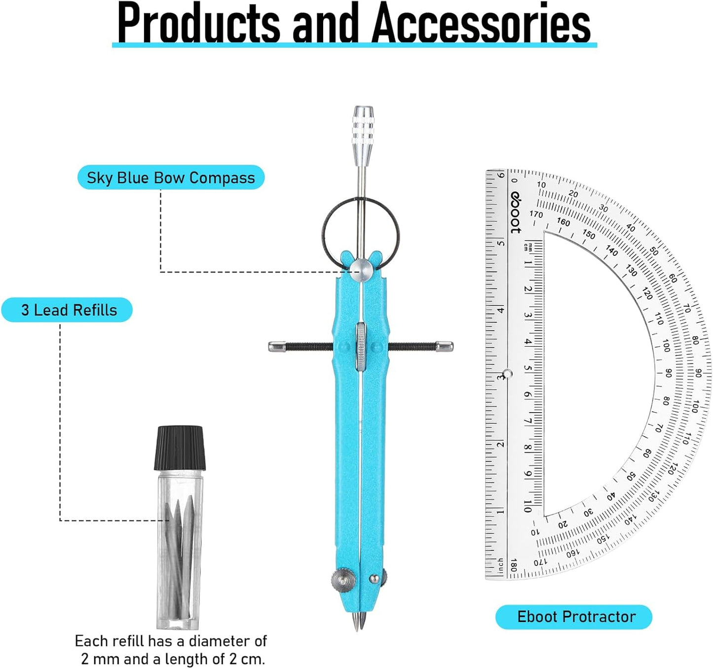 EBOOT Student Geometry Math Set, Drawing Compass and 6 Inch Clear Swing Arm Protractors 180 Degree Math Protractor (Sky Blue)