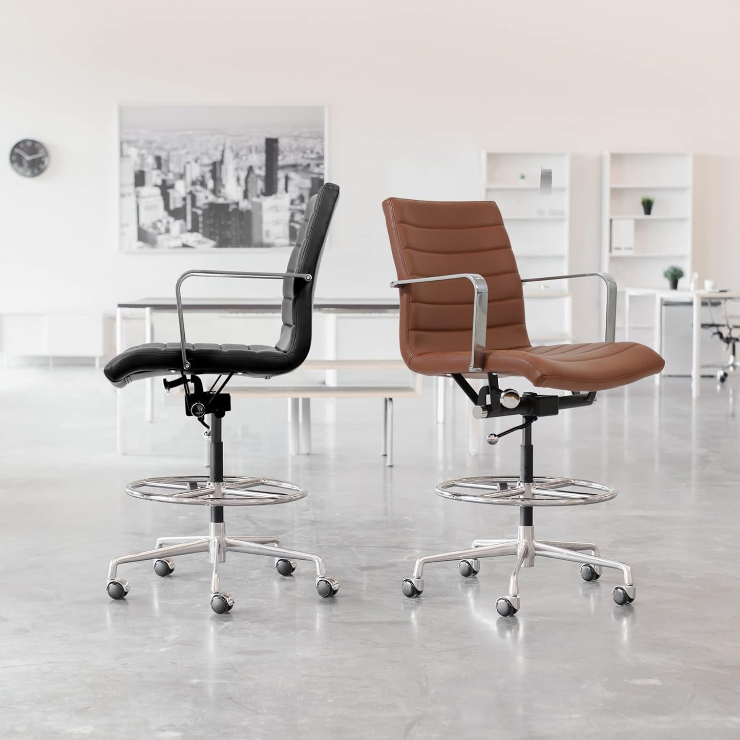 Laura Davidson Furniture SOHO II Ribbed Drafting Chair for Standing Desks, Standing Desk Chair - Ergonomically Designed, Commercial Grade Draft Height, Arm Rest & Cushion, Made of Faux Leather, White