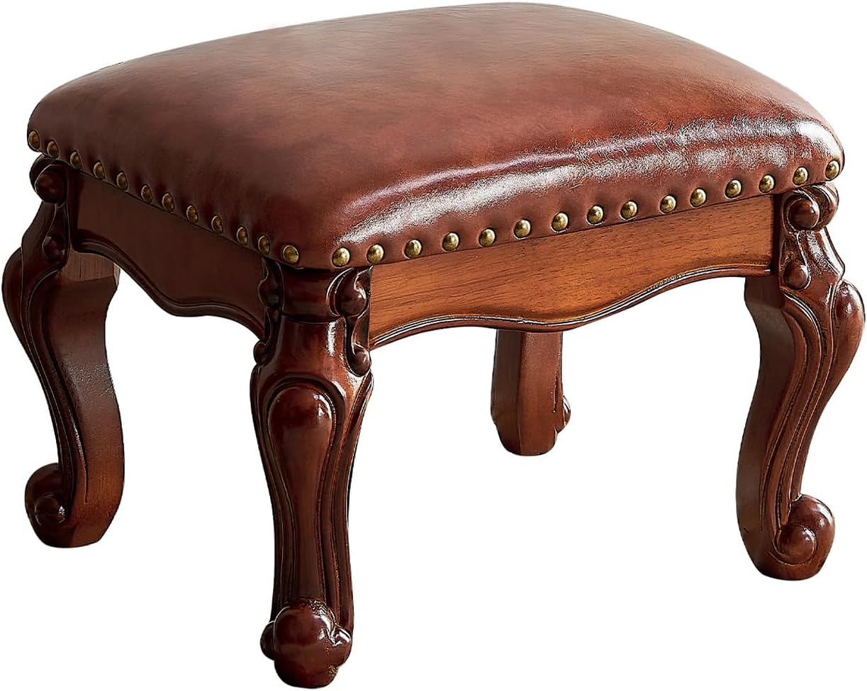 Foot Stool Ottoman Foot Rest Microfiber Leather Upholstered Footstool for Sofa, Living Room, Entryway, Solid Wood Stool (Flat Brown)