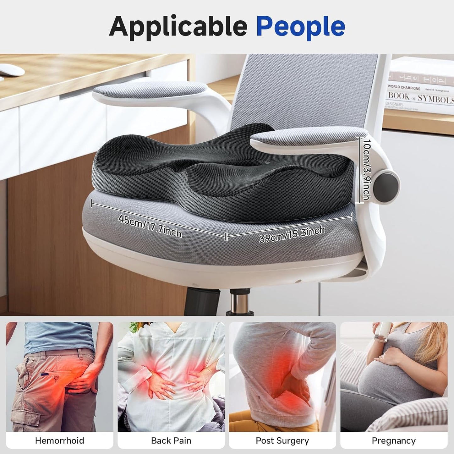 Benazcap Memory Foam Office Chair Cushion, Ergonomic Seat Cushion for Sciatica & Tailbone Pain Relief for Long Sitting for Gaming Chair and Car Seat- Black&Gray