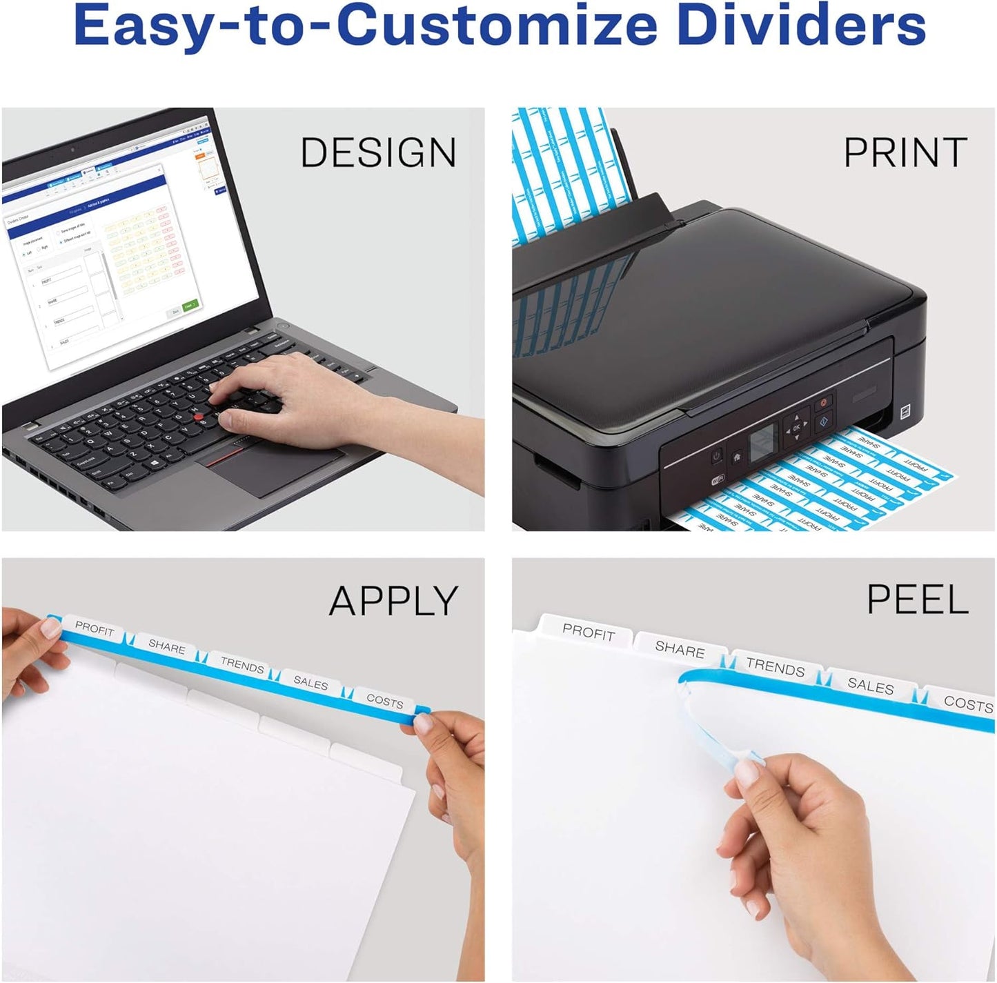 Avery 5 Tab Dividers for 3 Ring Binder, Easy Print & Apply Clear Label Strip, Index Maker Customizable White Tabs, 50 Sets (11556)