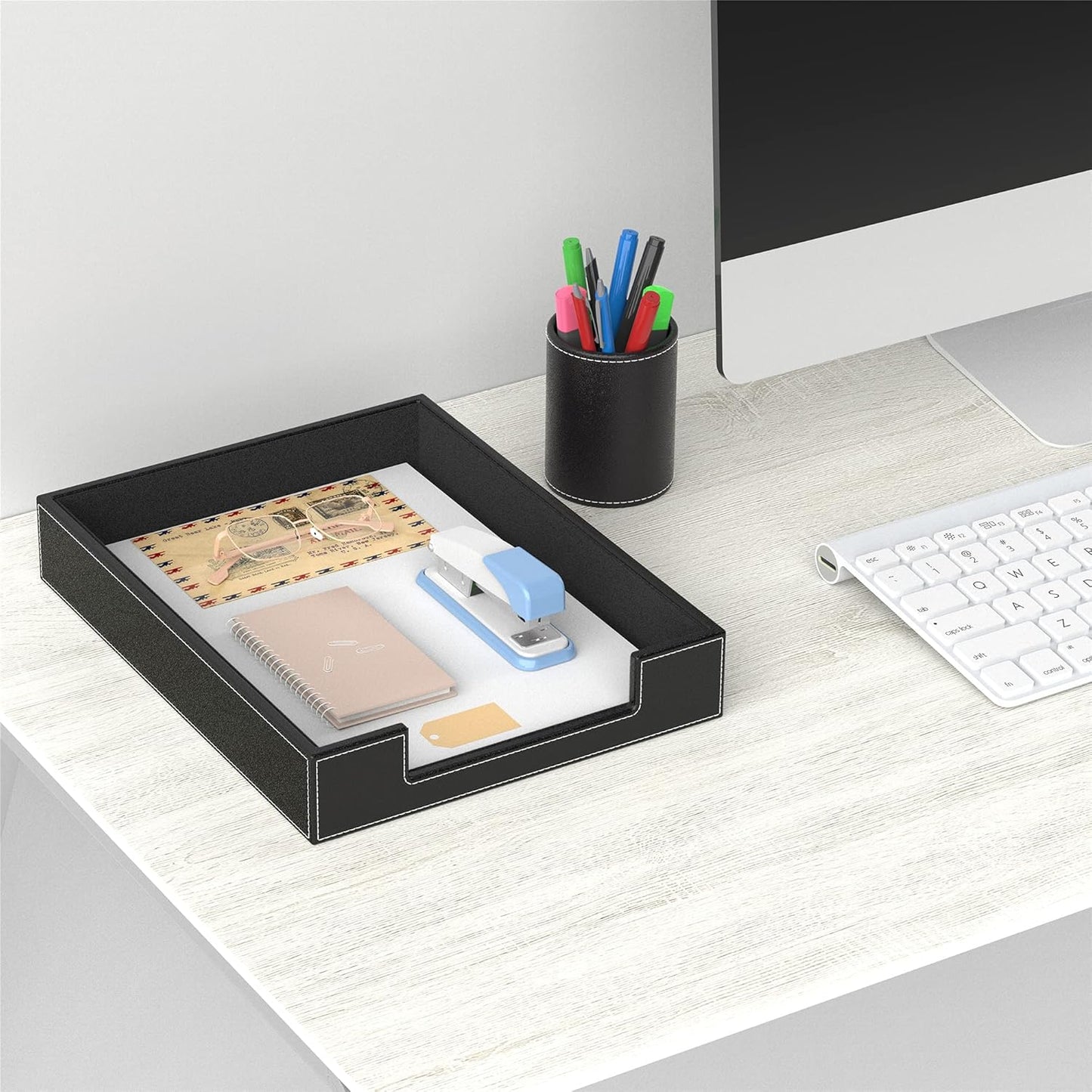 Leather Letter Tray, THIPOTEN Elegant Desk Organizer for Office Supplies, Mail, Paper, File, Magazine, Perfect Office Organization for Desktop(Black)