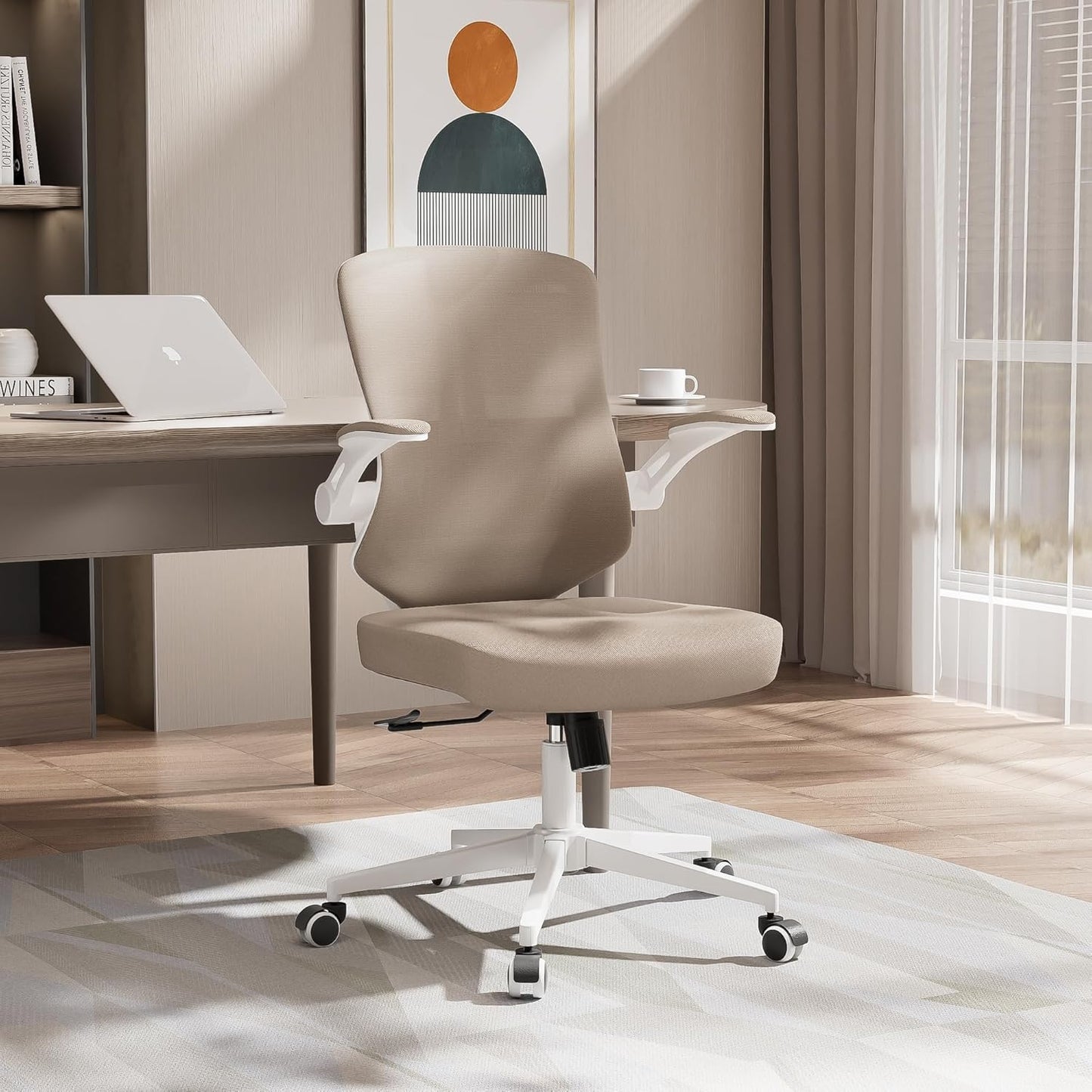 Office Chair, Ergonomic High Back Comfy Desk Chairs and Flip-up Armrest Lumbar, Swivel Tilt Function Backrest Computer Chair,PU Rolling Wheels Capacity 350LBS (Khaki)