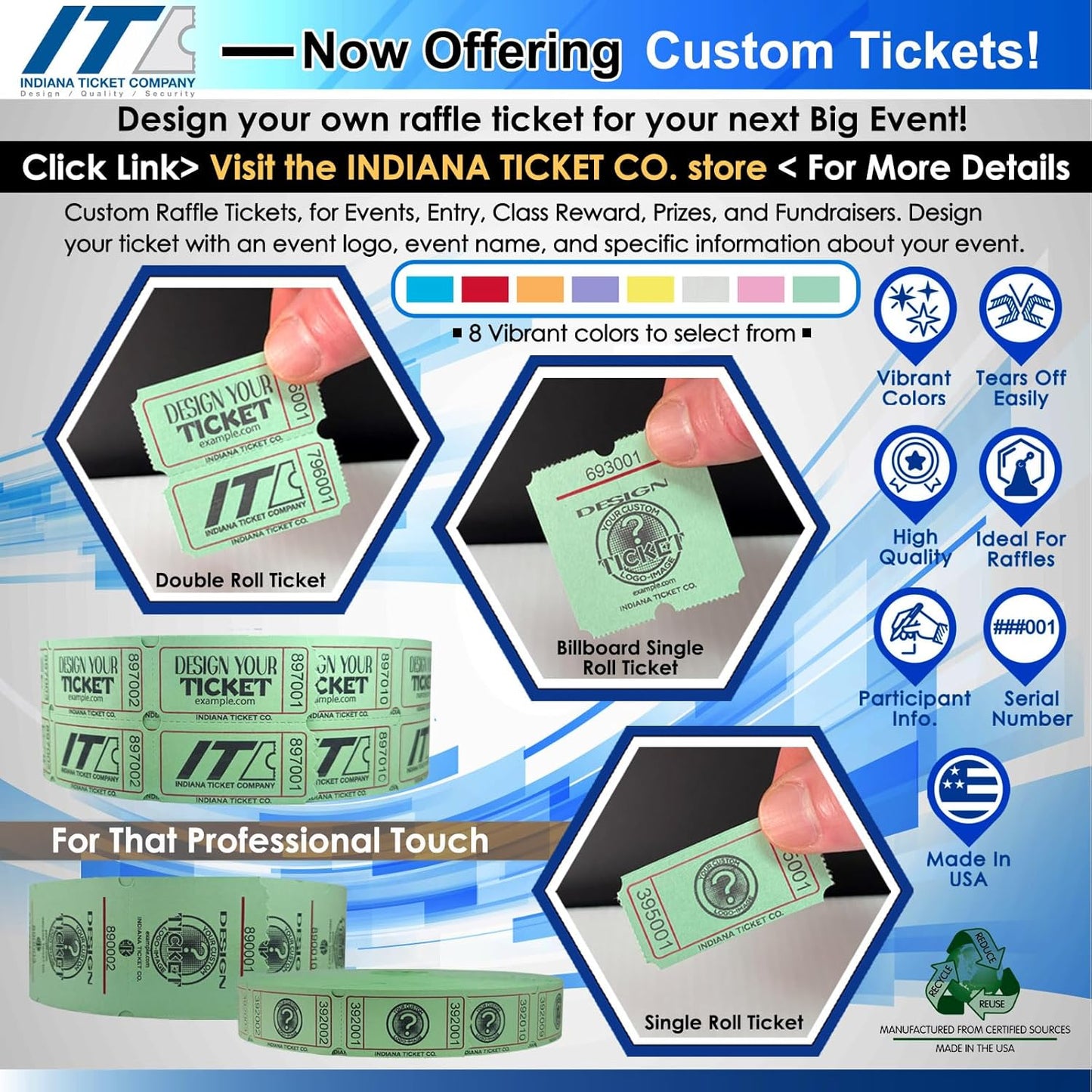 INDIANA TICKET CO. 10,000 Yellow CONSECUTIVELY Numbered Raffle Ticket Roll. 5 Rolls of 2,000, for Classroom Rewards, Events, Fundraisers, Door Entry, Raffles, Prizes, Drink/Food Tickets, & More