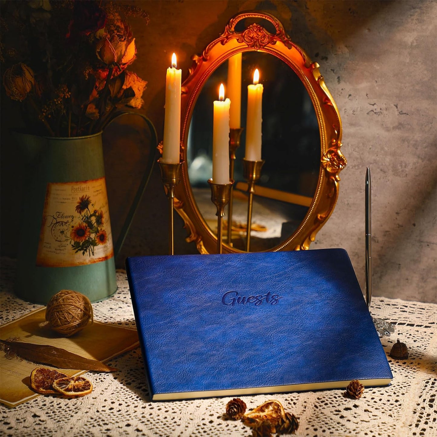 Leather Guest Book and Pen Stand Set, 10.5" x 8" Embossed Guests Sign in Book Registry Book for Funeral, Wedding Reception, Vacation Homes and Events, 80 Sheets (Blue)