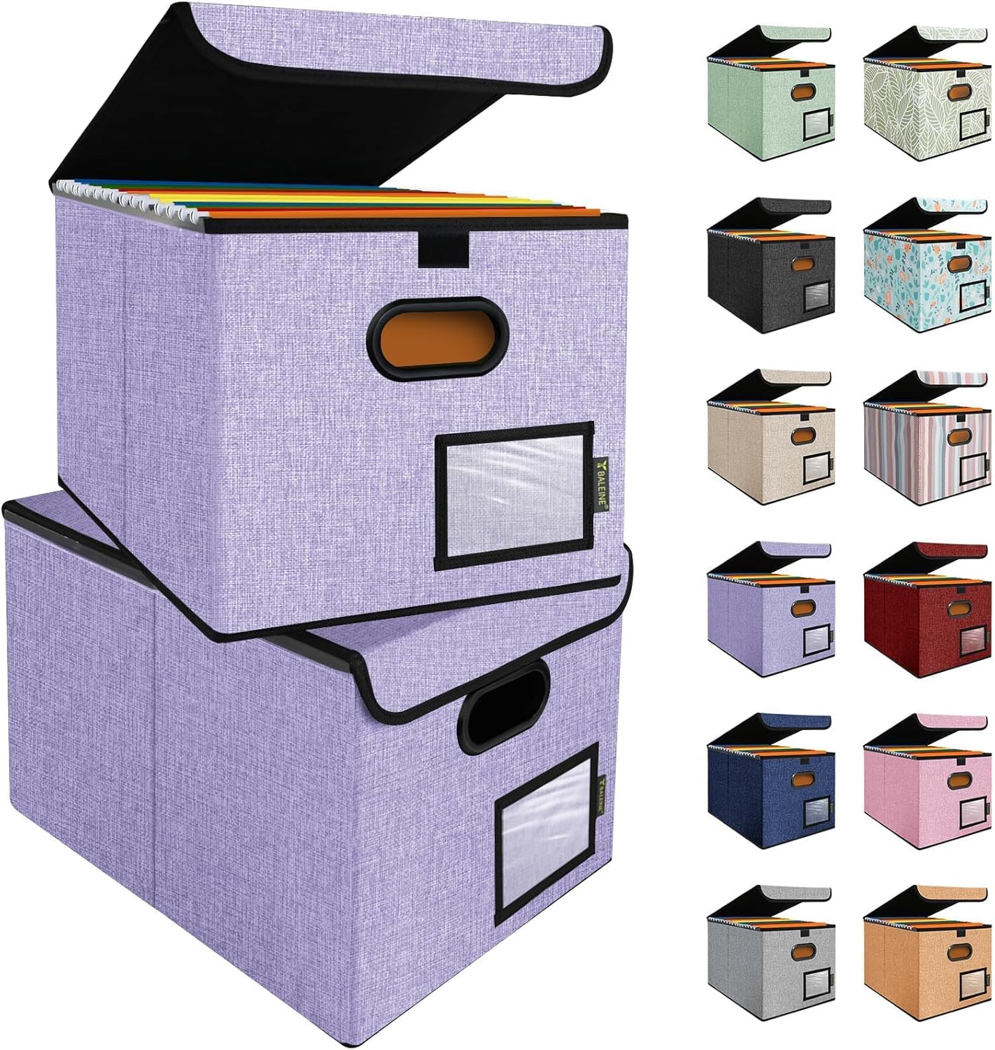 BALEINE File Organizer Box with Lid, Collapsible File Folder Organizer with Plastic Slide, Hanging File Folder Box for Office Document Storage (2 Pack, Purple)