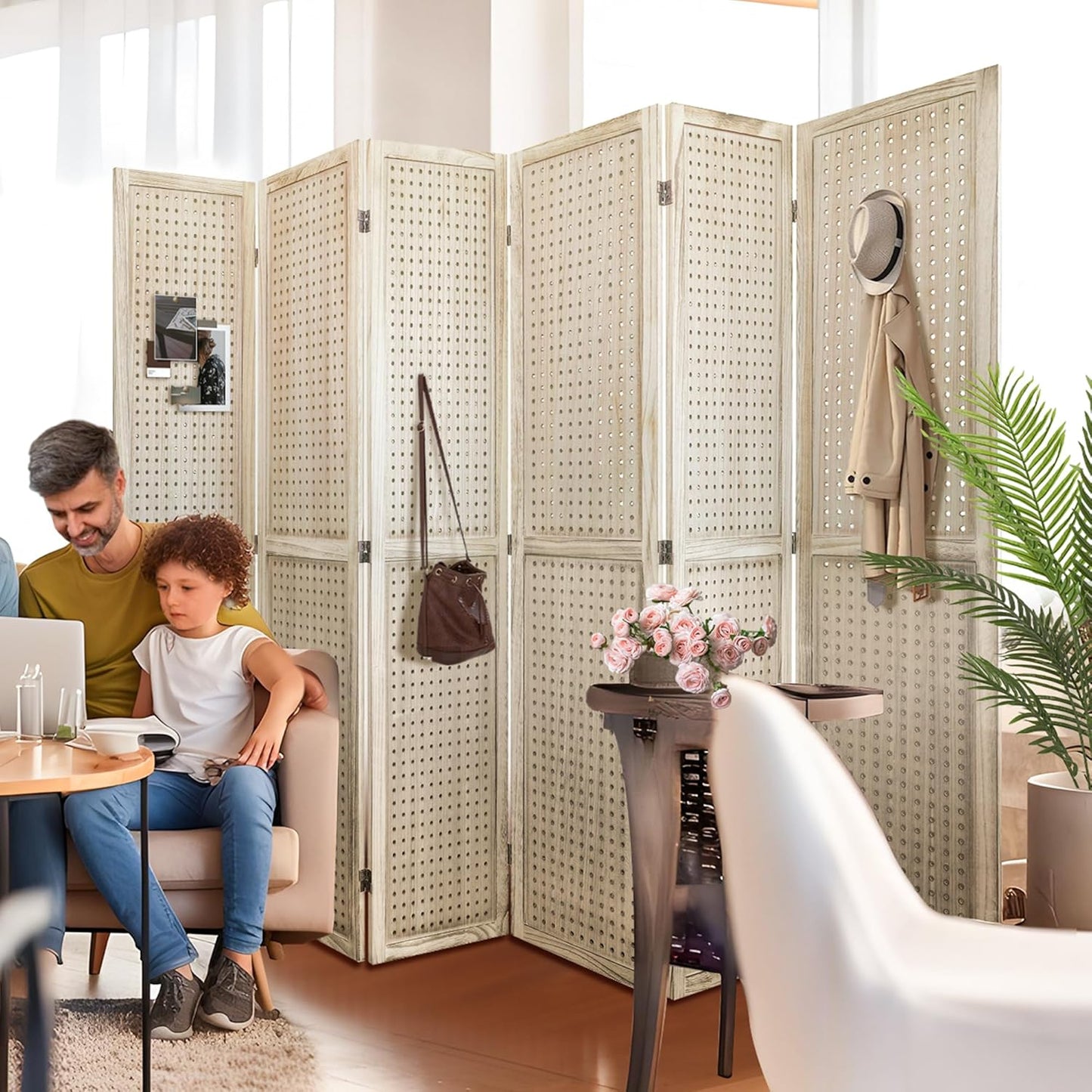 Room Divider, 5.6FT Folding Room Divider Panel, 6 Panel Pegboard Display Wood Partition Wall Divider for Room Separation& Craft Shows, Natural Wood
