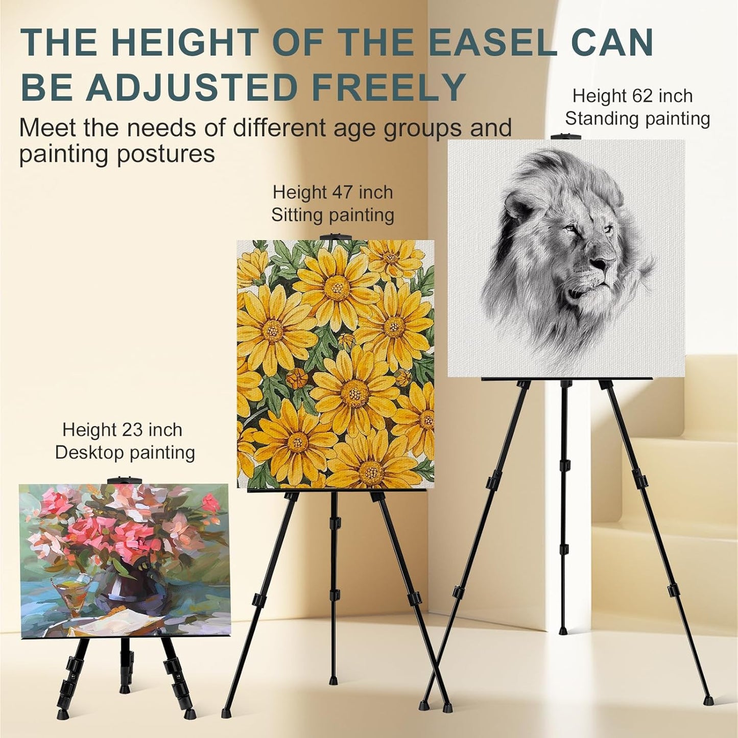AROIC 1 Pack Art Painting Display Easel Stands,Portable Adjustable Aluminum Metal Tripod Artist Canvases Height from17 to 66 Inch Extra Sturdy forTable-Top/Floor Painting. Black with 1 Storage Bag