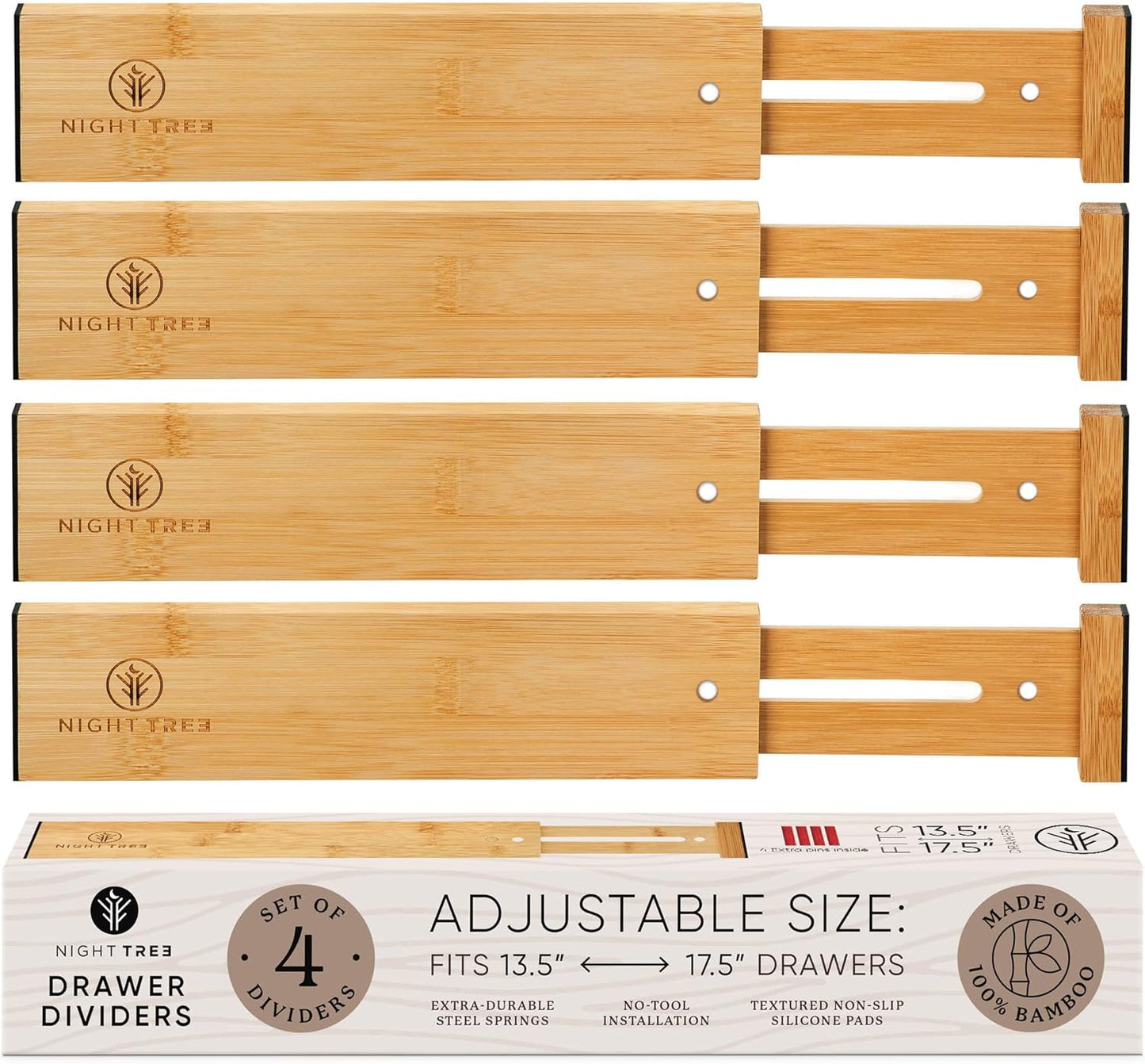 Night Tree Expandable Bamboo Drawer Dividers – Spring-Loaded Wooden Organizers for Clothes, Kitchen Utensils, Bathroom, and Dresser Drawers (13.5" to 17.5")
