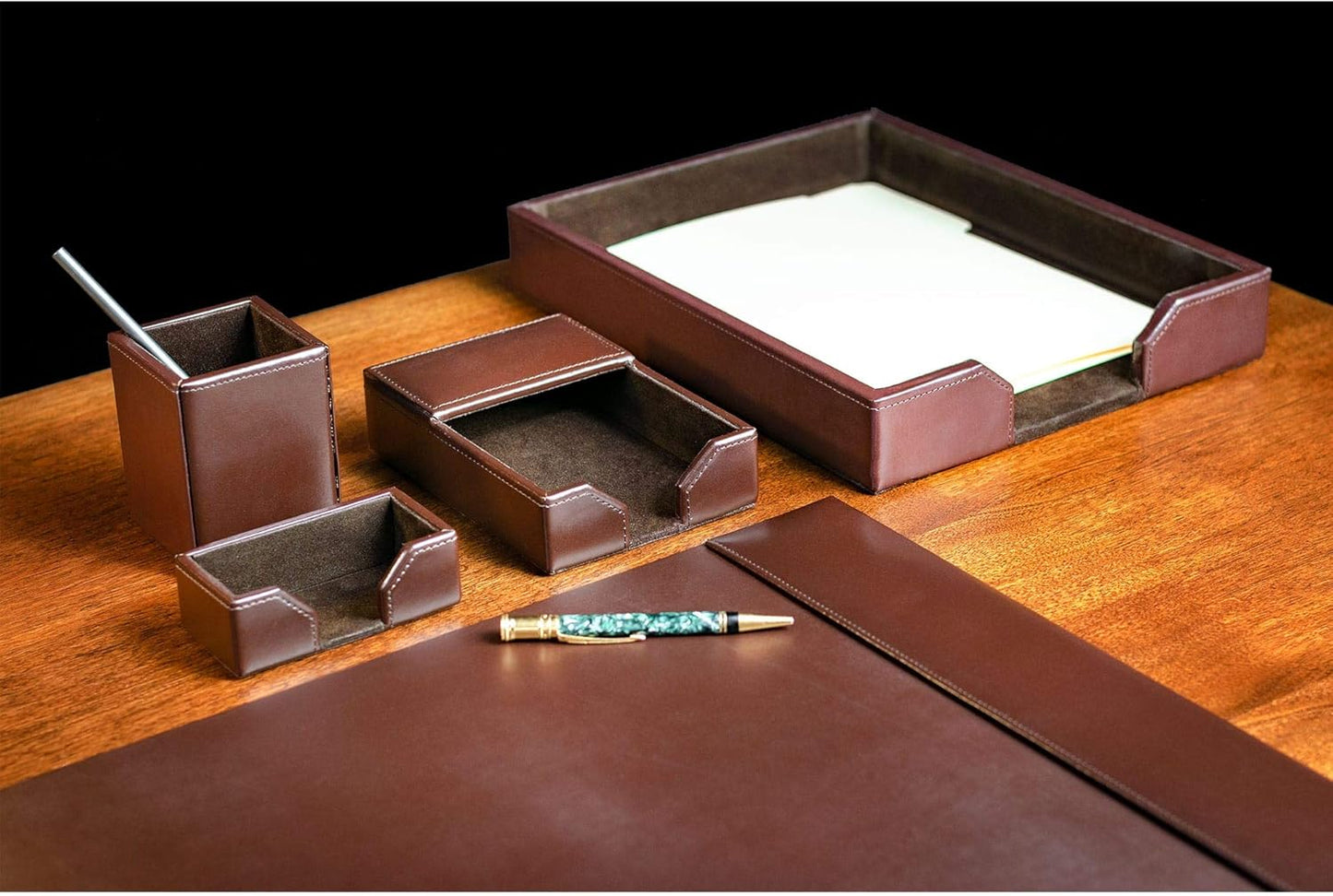 Dacasso Bonded Leather Desk Set - Luxury Leather Desk Pad & Desk Organization Essentials - Office Organization & Executive Desk Decor - (Dark Brown, 5 Piece)