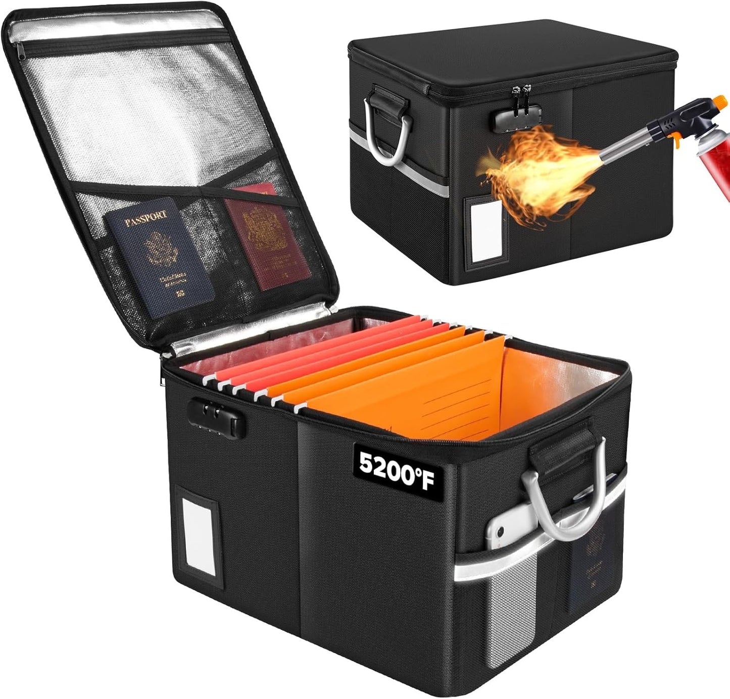 TOMKID 5200°F Fireproof Document Box, Fire Important Document Organizer with Lock, Upgraded Heat Insulated Filing Storage Cabinet Office Organization (5200°F Fireproof Box, Black)