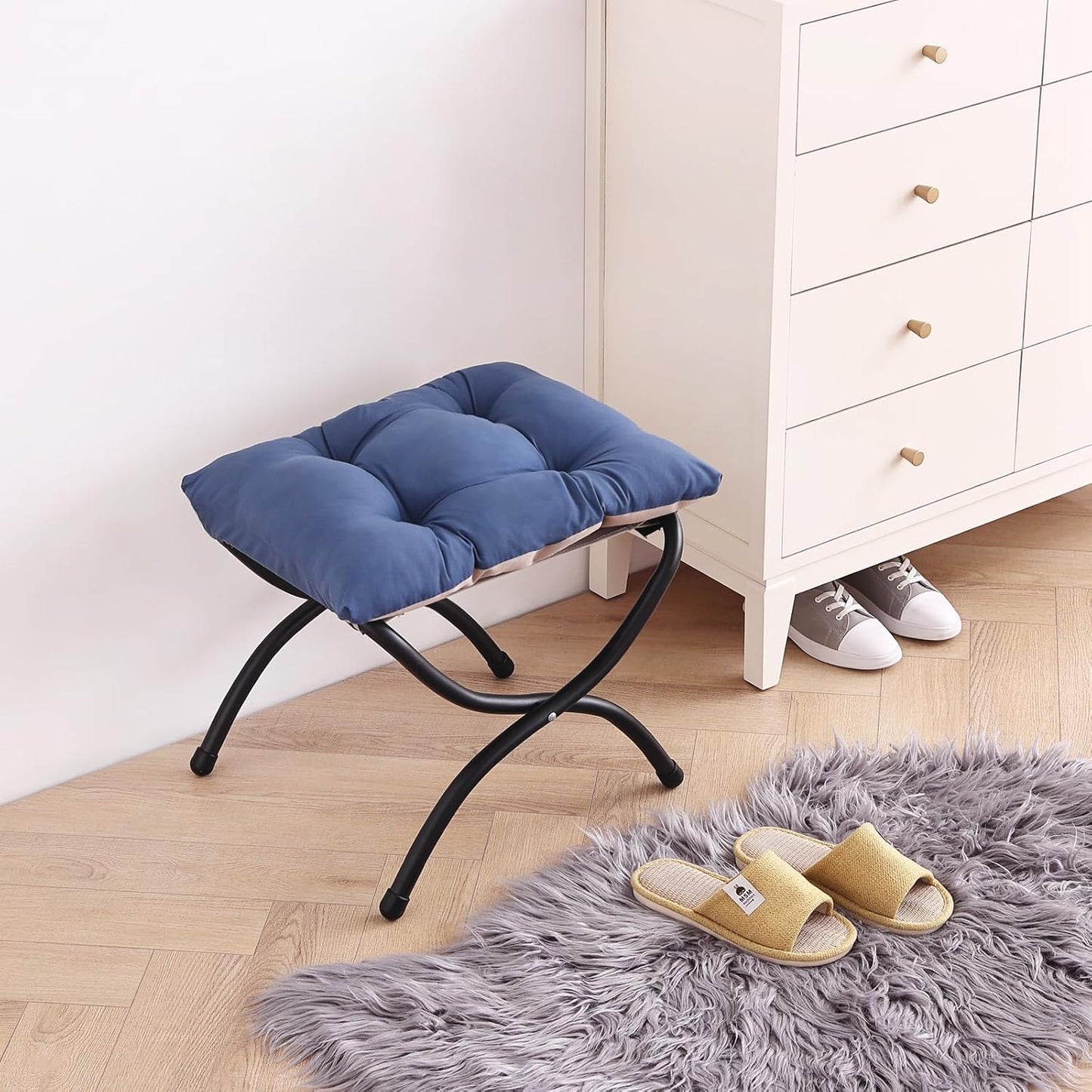 LITA Folding Upholstered Footrest Stool, Modern Small Portable Accent Ottoman with Detachable Thick Cotton Cushion Padded Sofa Stool with Metal Frame for Lazy Chair, Living Room & Bedroom, Royal Blue