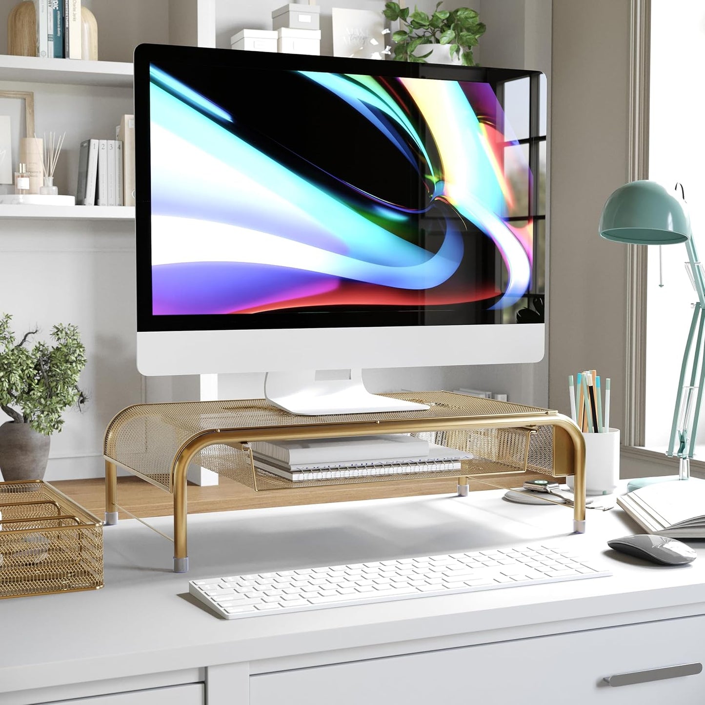 Martha Stewart Ryder Gold Mesh Metal Desktop Monitor Stand Riser with Organizer Drawer and Side Storage, 12.5 x 22.25 x 6.5 inches