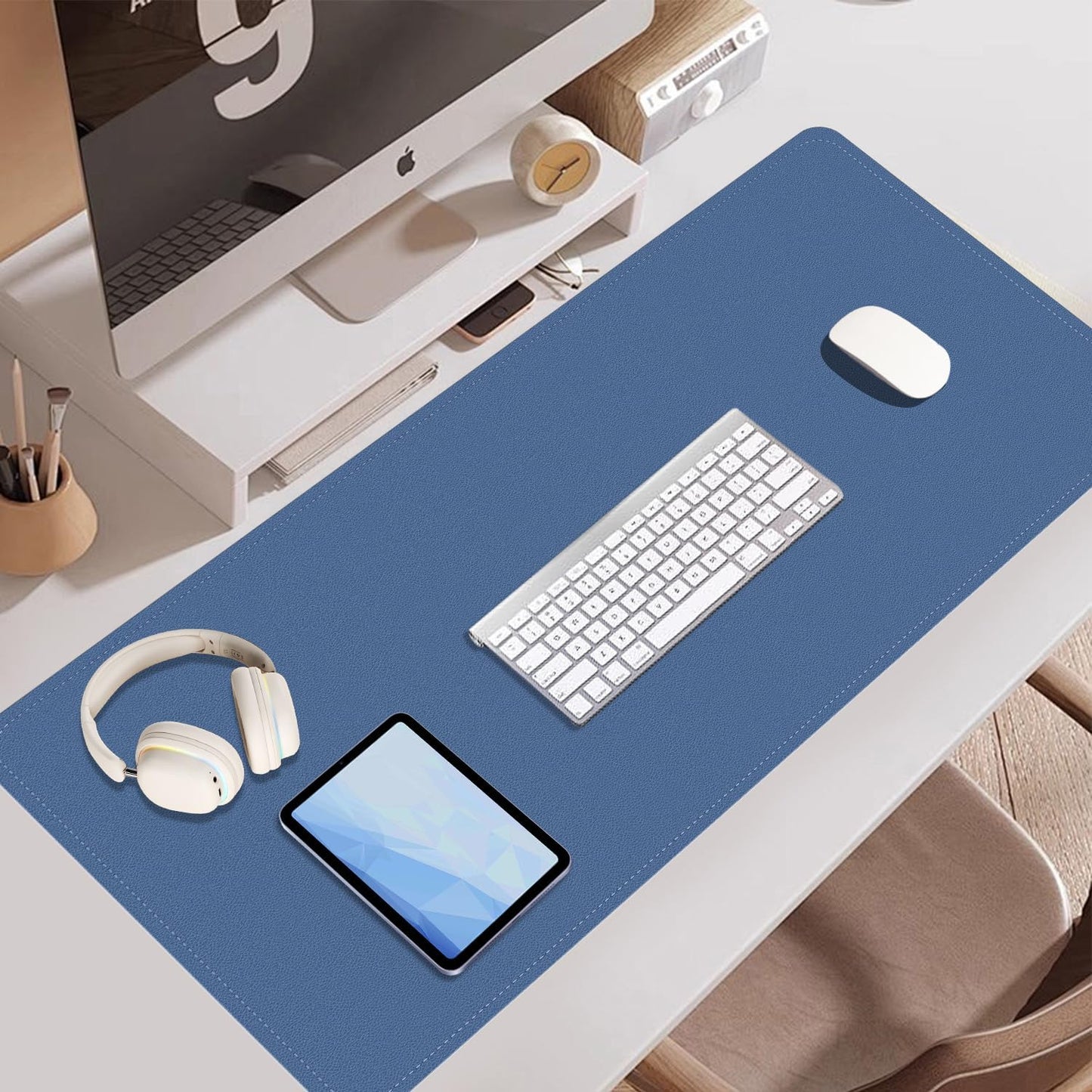 Dual-Sided Desk Pad, Natural Cork & PU Leather Mouse Pad for Desk, Desk Pad Protector, Non-Slip Desk Mat for Office and Home Work, (Lake Blue, 23.6" x 13.7")